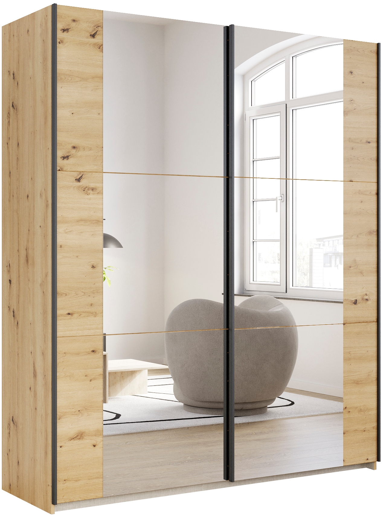 rauch Schwebetürenschrank "Kleiderschrank Drehtürenschrank Schrank Garderobe KRONACH" in 3 Ausstattungen BASIC/CLASSIC/PREMIUM, Breiten 131/175/218/261 cm, optional ohne, mit 1 oder 2 Spiegel, viel Stauraum MADE IN GERMANY