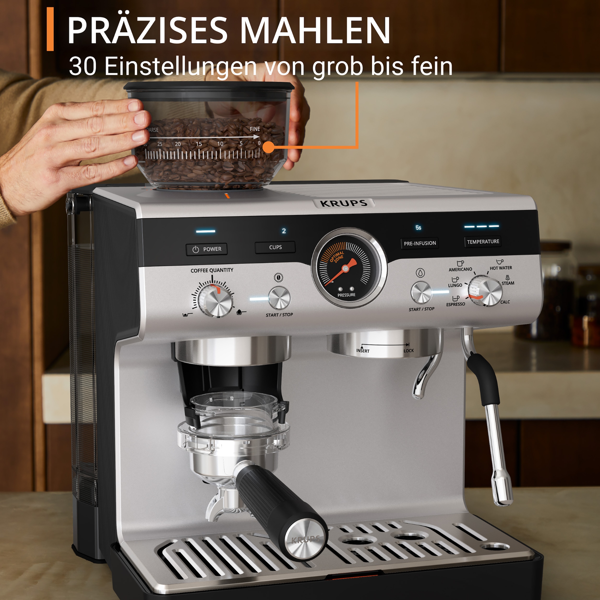 Krups Espressomaschine »XP801T Precision, Siebträger«, mit Mahlwerk, intuitive Bedienfläche, Pre-Infusion-Einstellungen