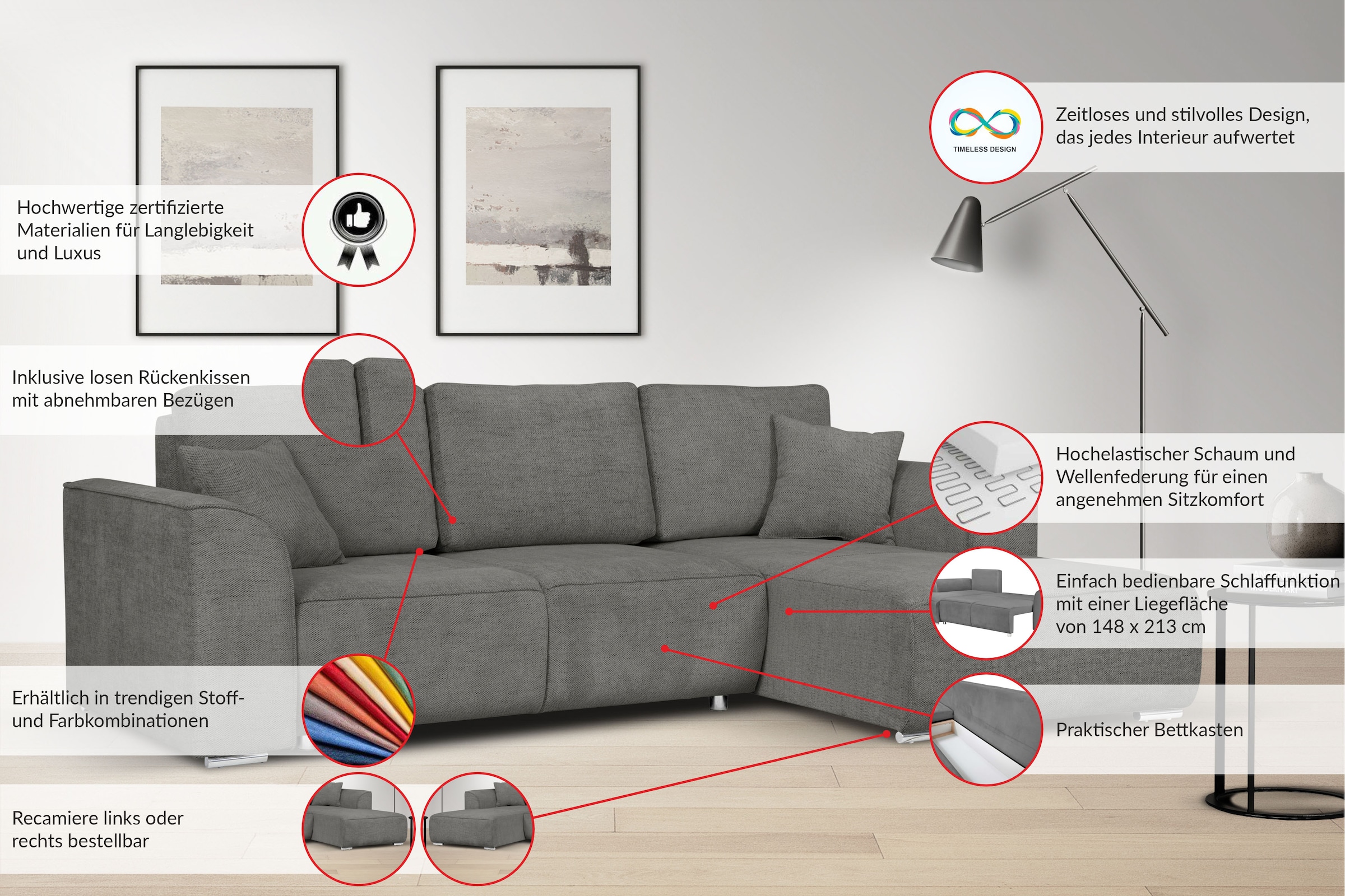 INOSIGN Ecksofa »BEATRICE optionale Schlafsofa mit Bettkasten, B/T/H: 265/170/86 cm«, L-Form, wahlweise auch mit Bettfunktion und Bettkasten