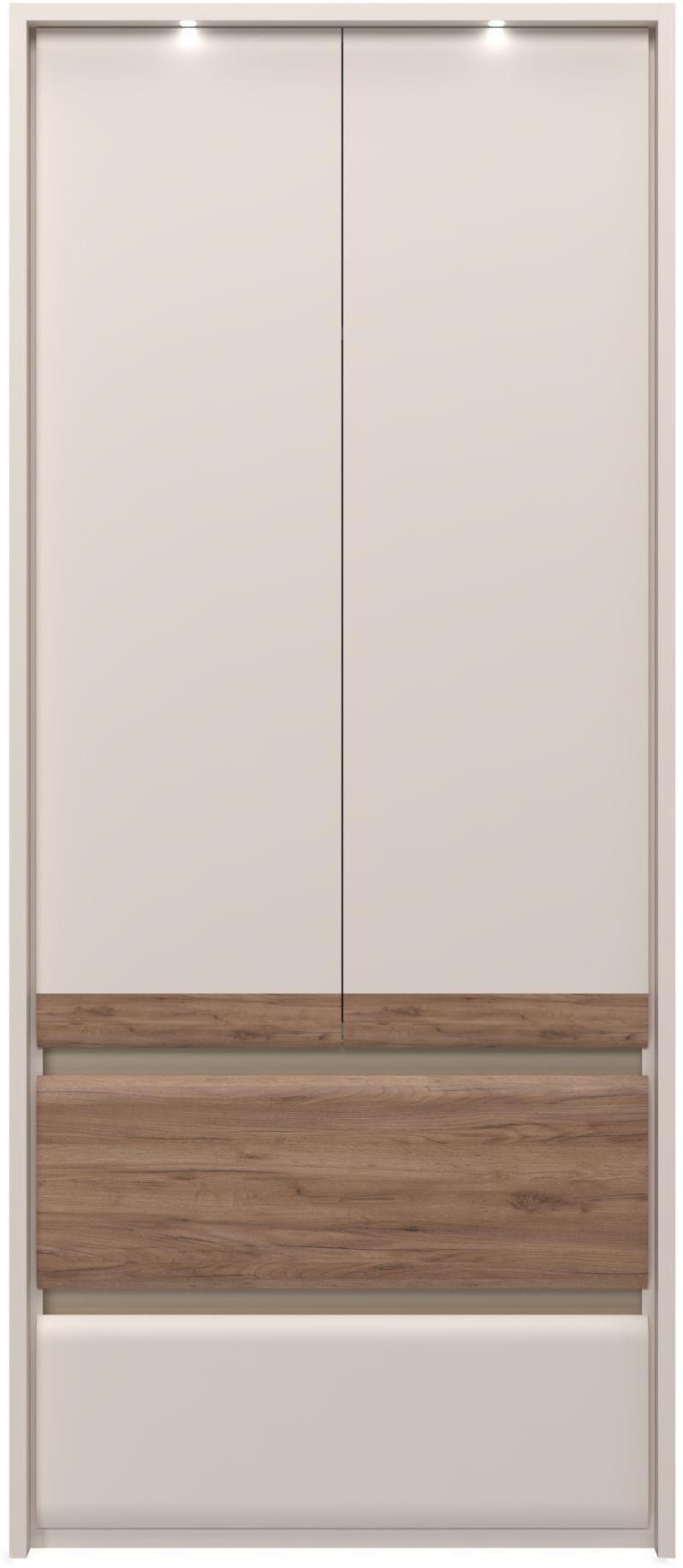 OTTO home Kleiderschrank "Invictus, UV lackiert, kratzfest, FSC-zertifiziert, grifflose Optik" abgerundete Schubladen aus MDF im Holzdekor, soft-close, mit Beleuchtung und Passpartourahmen, hoher Schrank (226cm), 6 Breiten