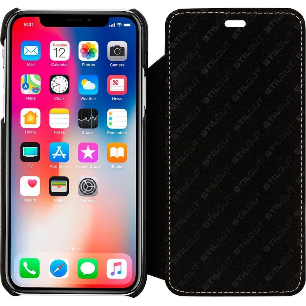 STILGUT Smartphone-Hülle »iPhone X/XS Case Book Type aus Leder ohne Clip für Linkshänder«, iPhone X-iPhone XS, 14,73 cm (5,8 Zoll)