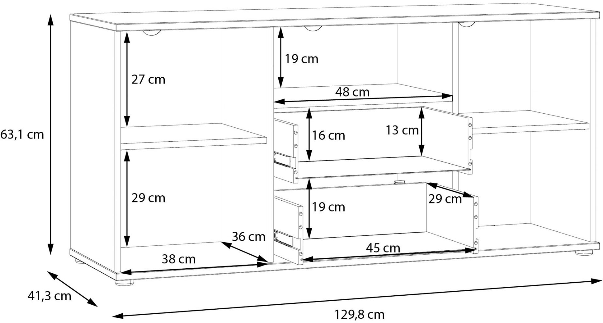 FORTE Lowboard »Ganymede«, (Breite 129,8cm), TV Board, Stauraum, Schublade; Metallgriffe, Kabelführung