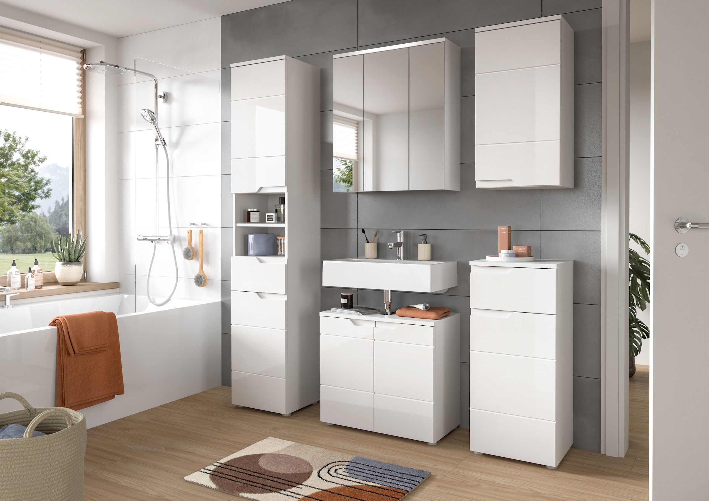 INOSIGN Badmöbel-Set »CAPRI, 3-teilig, mit eingefasster Griffmulde, bestehend aus:«, Hochschrank, Waschbeckenunterschrank und Spiegelschrank