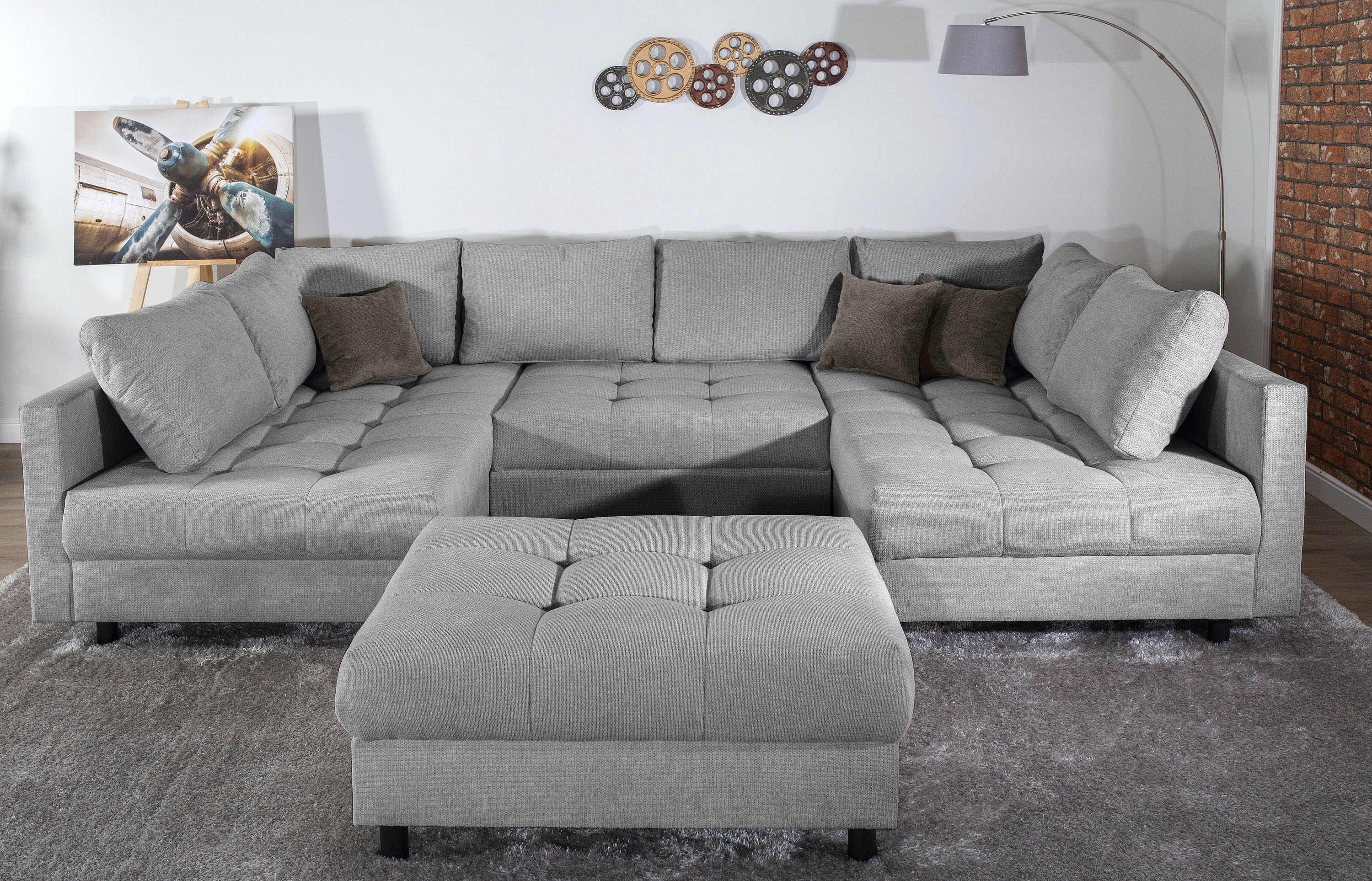 COLLECTION AB Wohnlandschaft "Toni U-Form, B: 298 cm, XXL-Liegefläche 282x178 cm mit Hocker" Set: Sofa & Hocker, 3 Zierkissen, Federkern