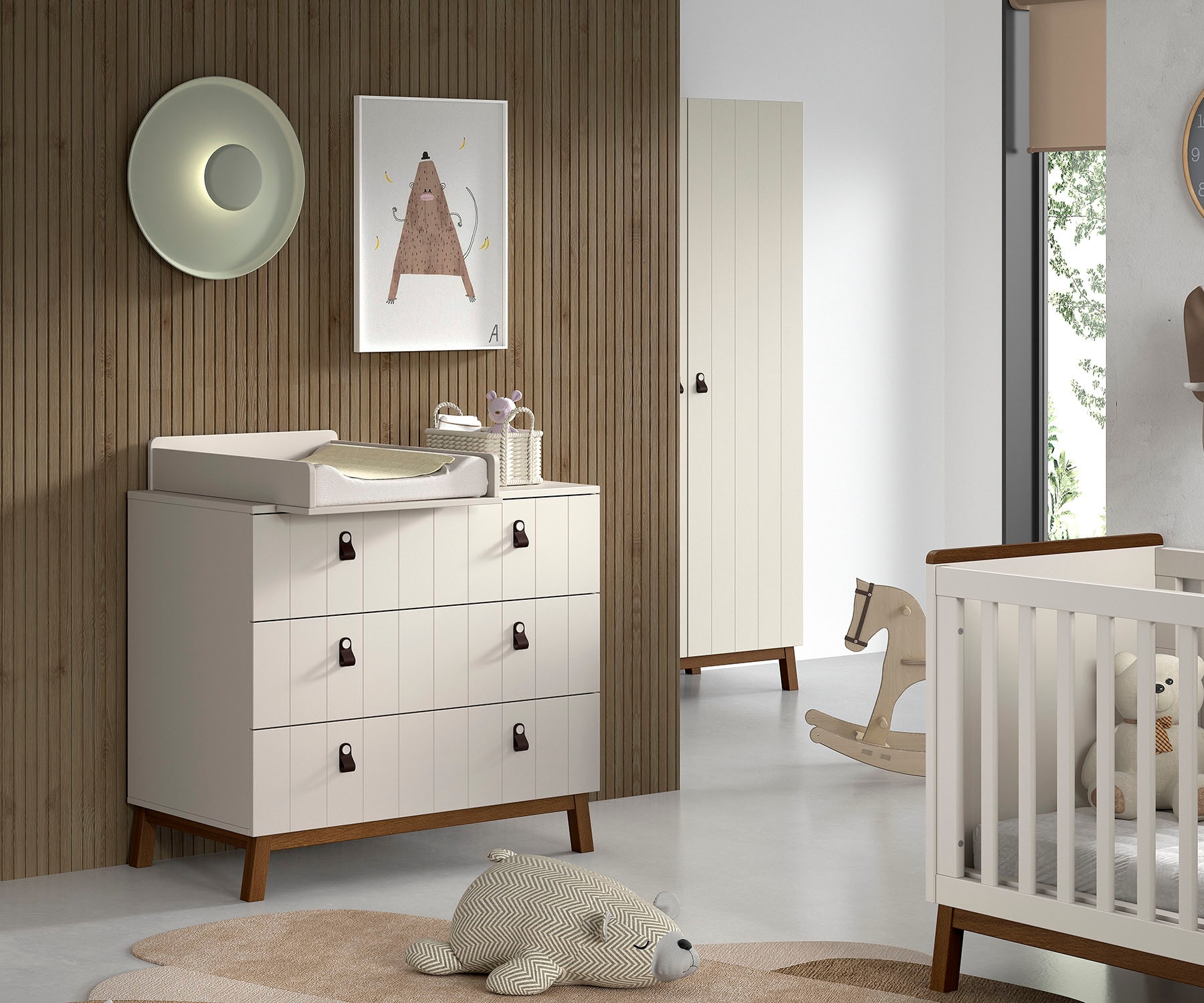 Vipack Wickelkommode »Sezane mit Front in Rillen-Optik, Griffschlaufen und Wickelaufsatz« bis 11 kg MDF Clay farben lackiert, braune Griffschlaufe, Sockel nussbaumfarbig 98,5 cm