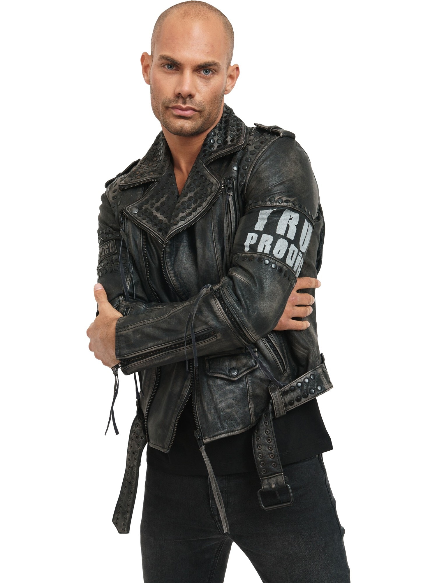trueprodigy Lederjacke "Dwayne mit Nieten, Print und Waschung" ohne Kapuze