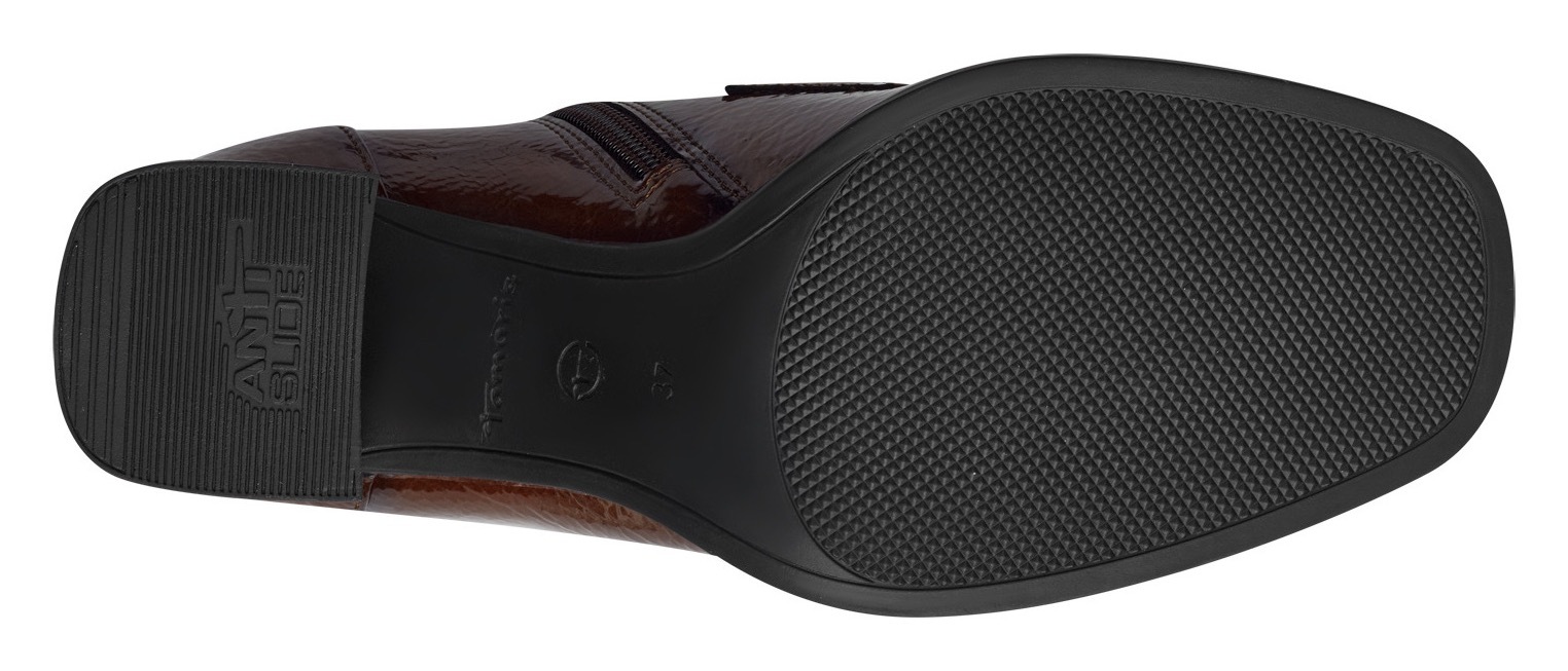 Tamaris Stiefelette, Blockabsatz, Partyschuh mit eleganter Zierkette und Logoemblem