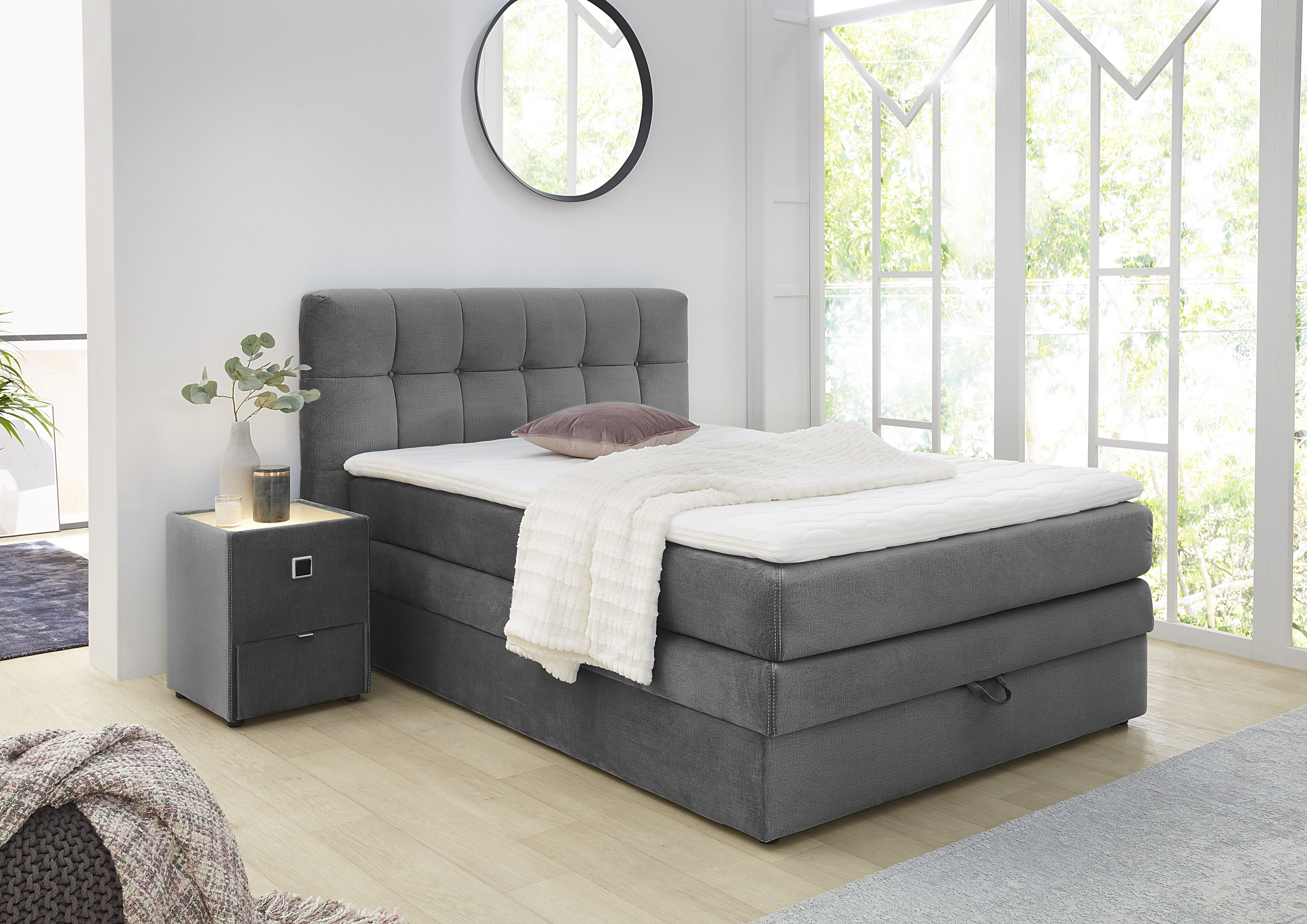 Jockenhöfer Gruppe Boxspringbett "AMY mit Bettkasten, inkl. Bonnell- oder Taschenfederkernmatratze H2-H4" mit 6 cm Kaltschaum-Topper, Samt-Bezug, 120x200 und 140x200 cm