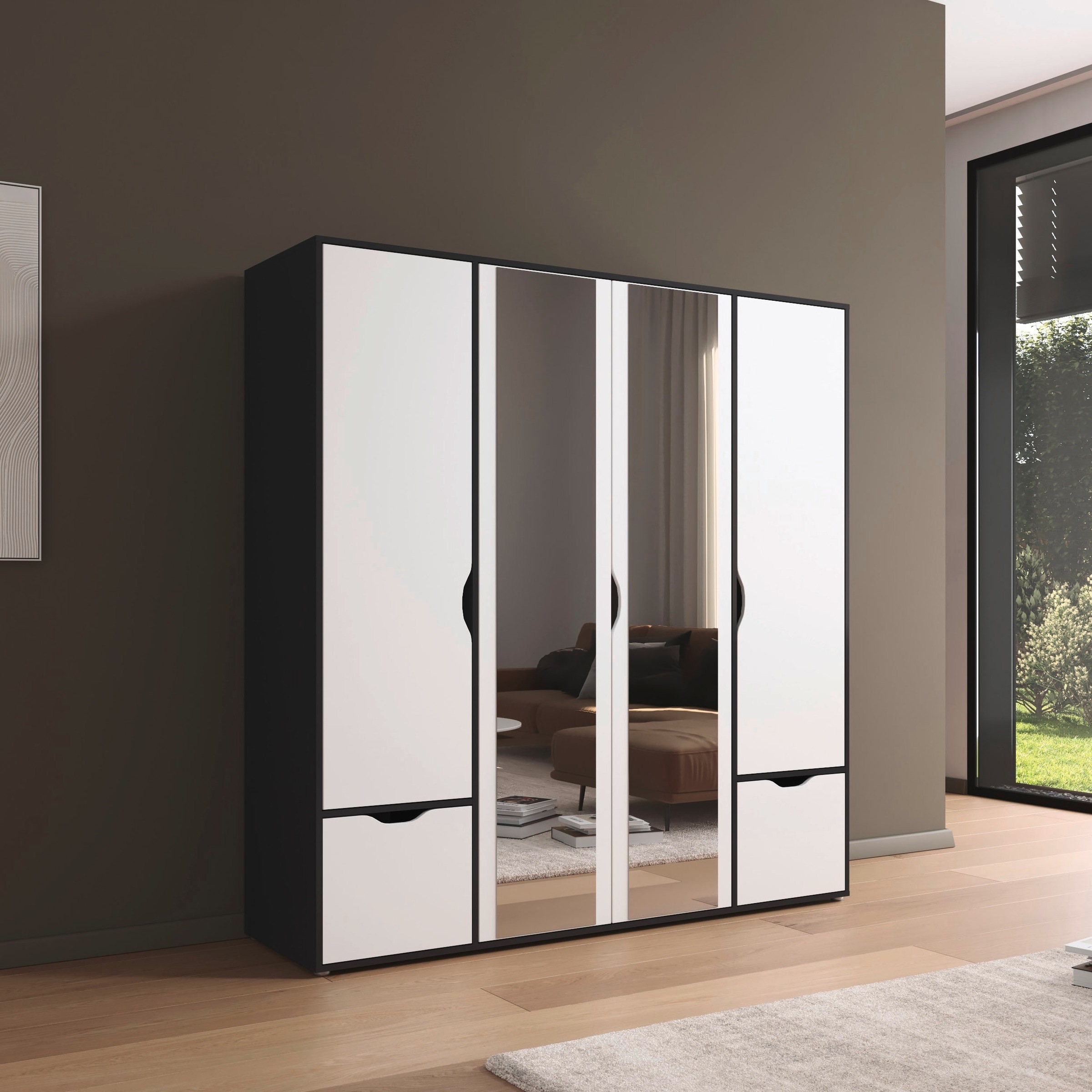 rauch Drehtürenschrank »Kleiderschrank Schrank Garderobe Wäscheschrank NARAI mit Schubladen«, (in 3 verschiedenen Ausstattungen BASIC/CLASSIC/PREMIUM), Griffausfräsungen für eine grifflose Optik TOPSELLER MADE IN GERMANY