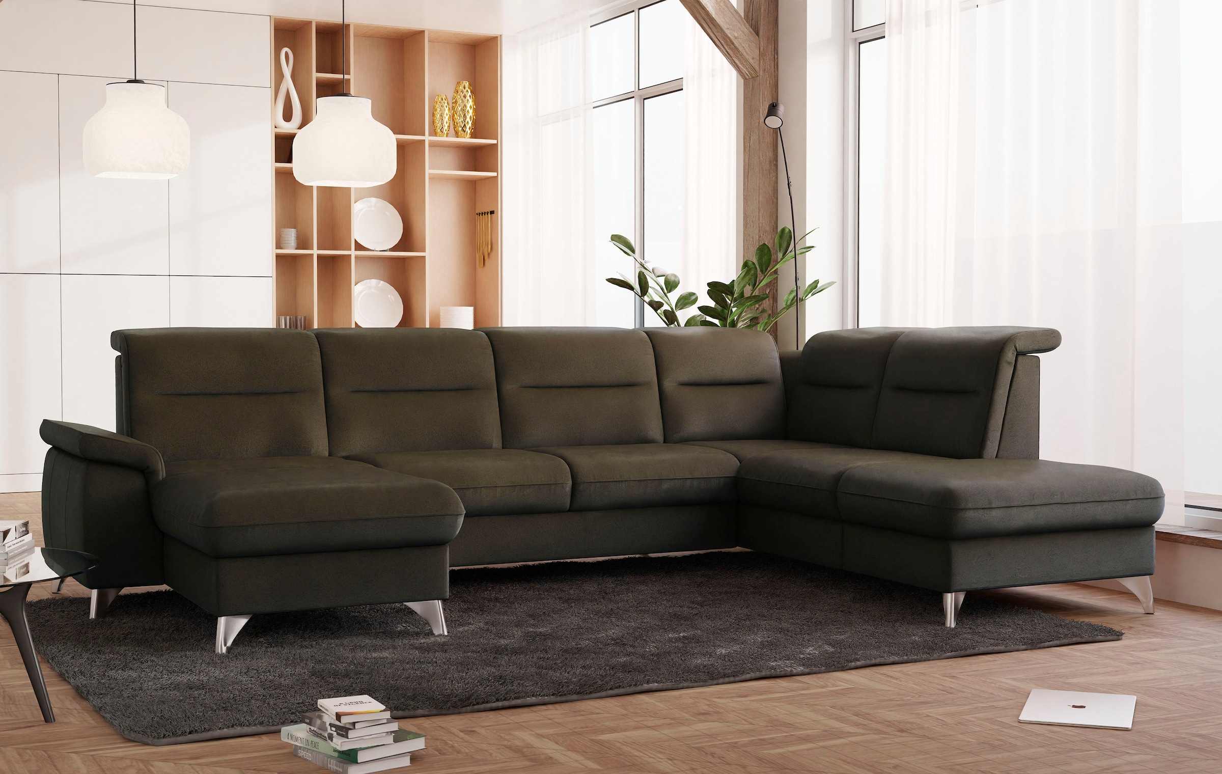 Wohnlandschaft SIT & MORE "Astoria U-Form", grün (olive), B:327cm H:91cm T:225cm, 100% Polyester, Sofas, Wohnlandschaft, wahlweise mit motorischer Relaxfunktion 7