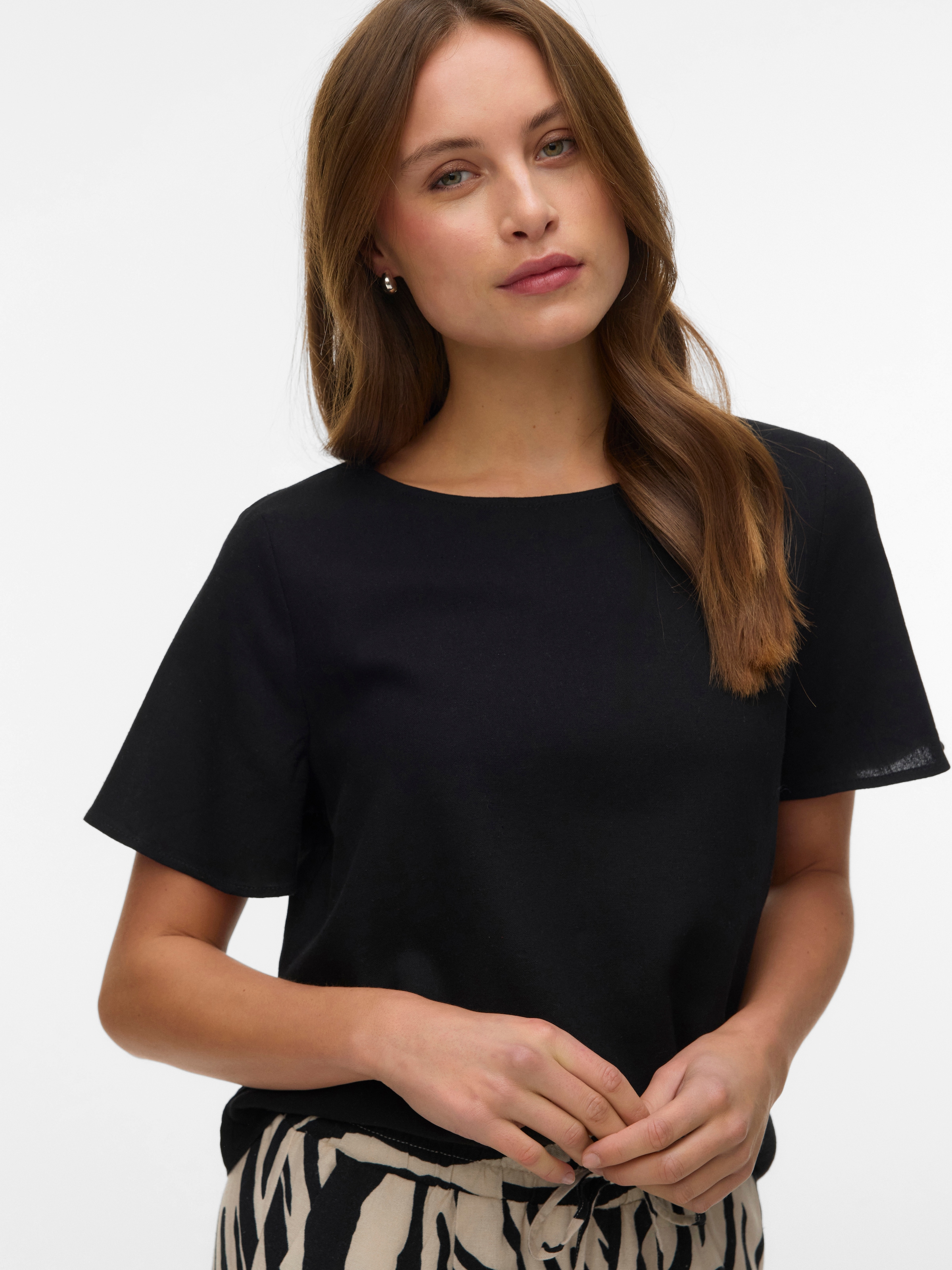 Vero Moda Blusenshirt "VMMYMILO SS O-NECK TOP WVN GA" mit Leinen günstig online kaufen