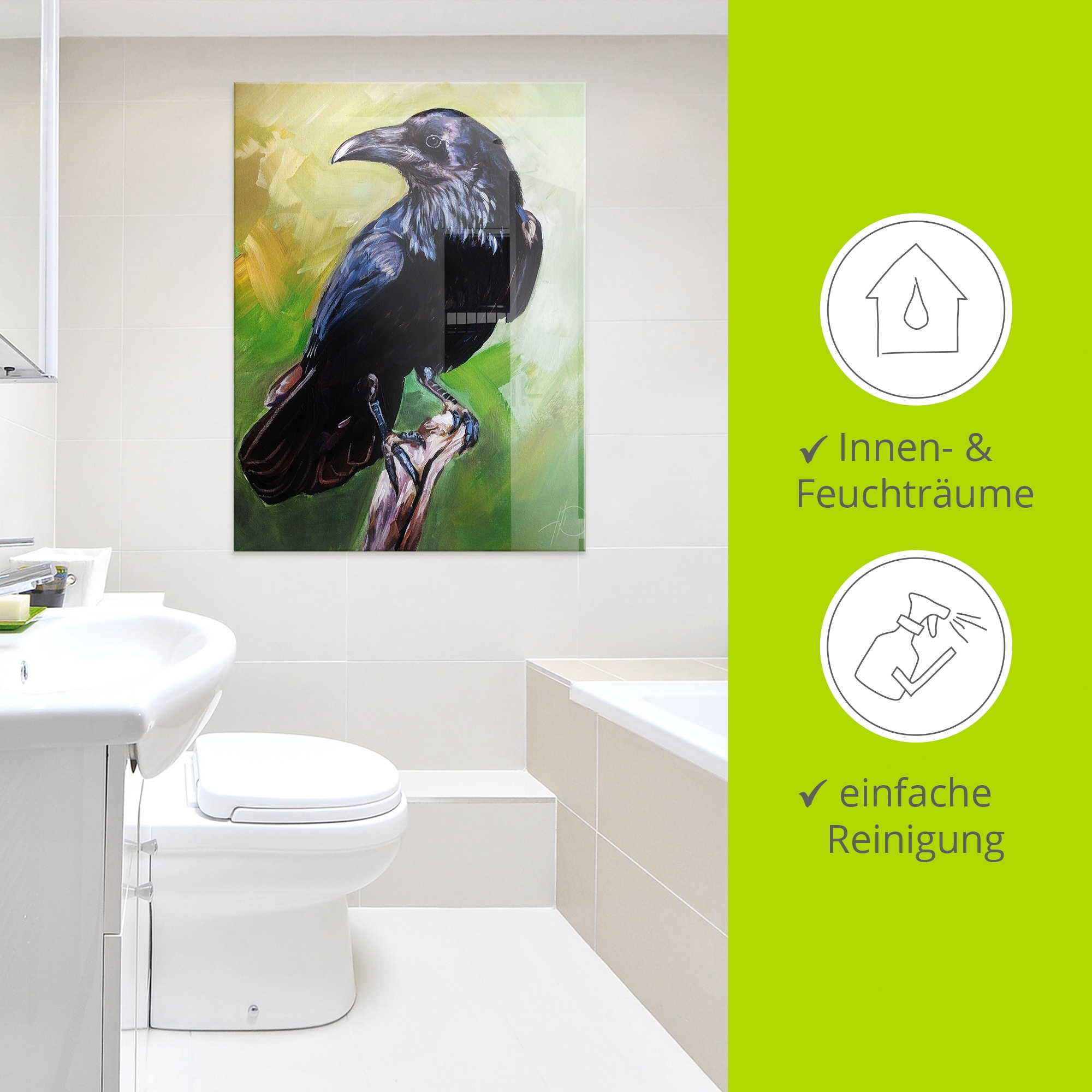 Artland Glasbild »Der Rabe in Grün« Vogelbilder 1 Stk. tlg. in verschiedenen Größen