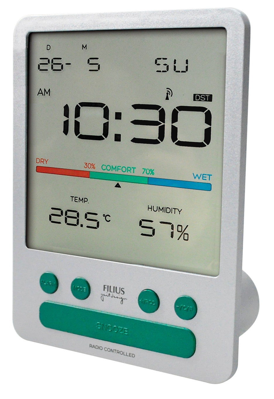 FILIUS zeitdesign Funkwecker Wecker, Schlafzimmer, Anzeige Innentemperatur, Hygrometer, Tag, Monat