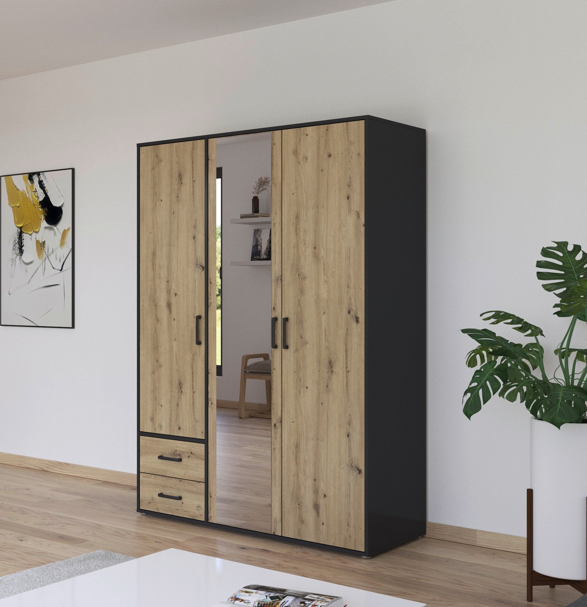 rauch Drehtürenschrank »Kleiderschrank Schrank Garderobe Wäscheschrank VOYAGER«, (in 3 verschiedenen Ausstattungen BASIC/CLASSIC/PREMIUM), mit modernen Griffen in Graumetallic, inkl. Schubkästen und Spiegel