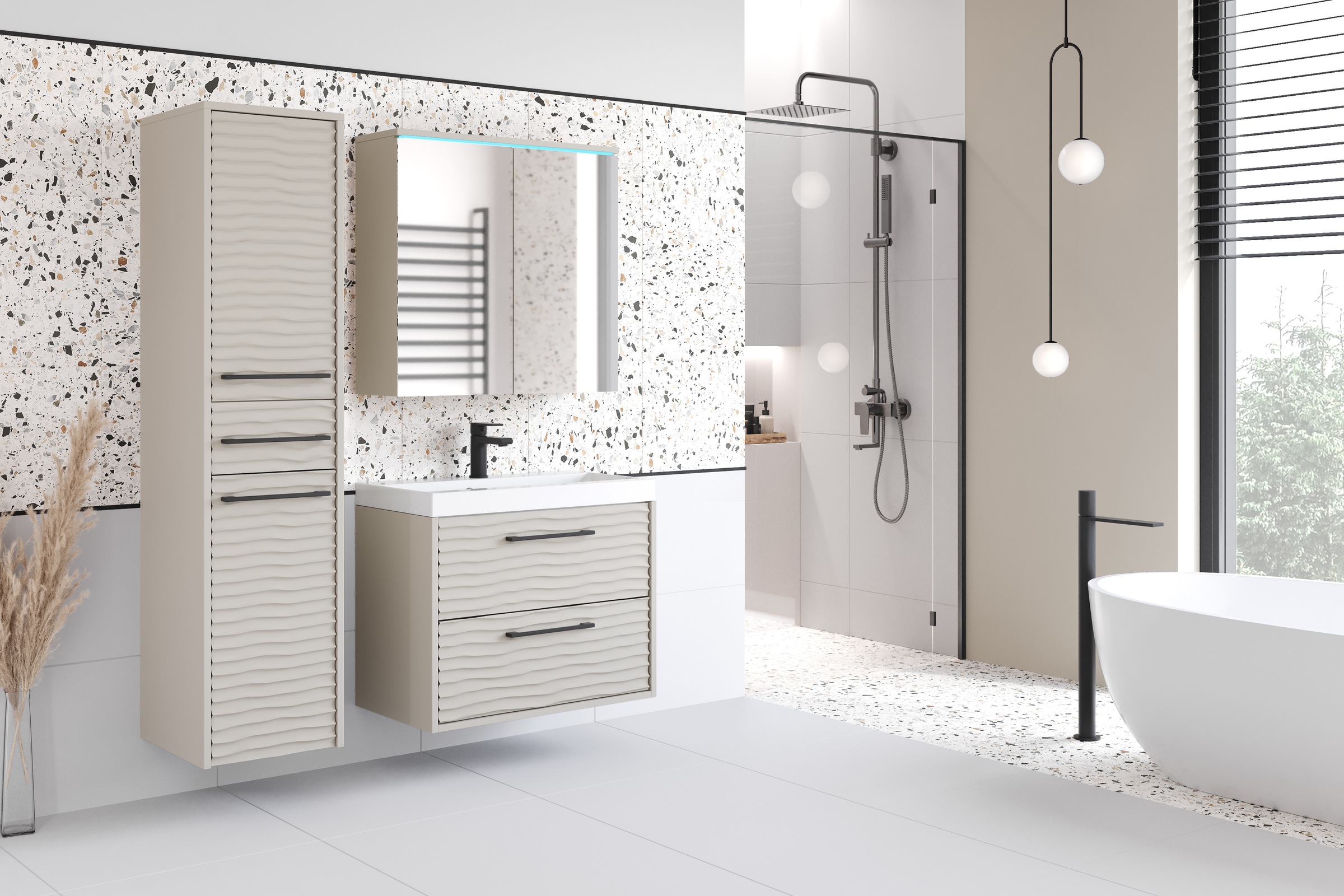 Thumbnail - welltime Badmöbel-Set "Canada - Fronten mit Wellenstruktur" Komplett-Set, Fronten mit Wellenstruktur, 4 Stk. tlg.