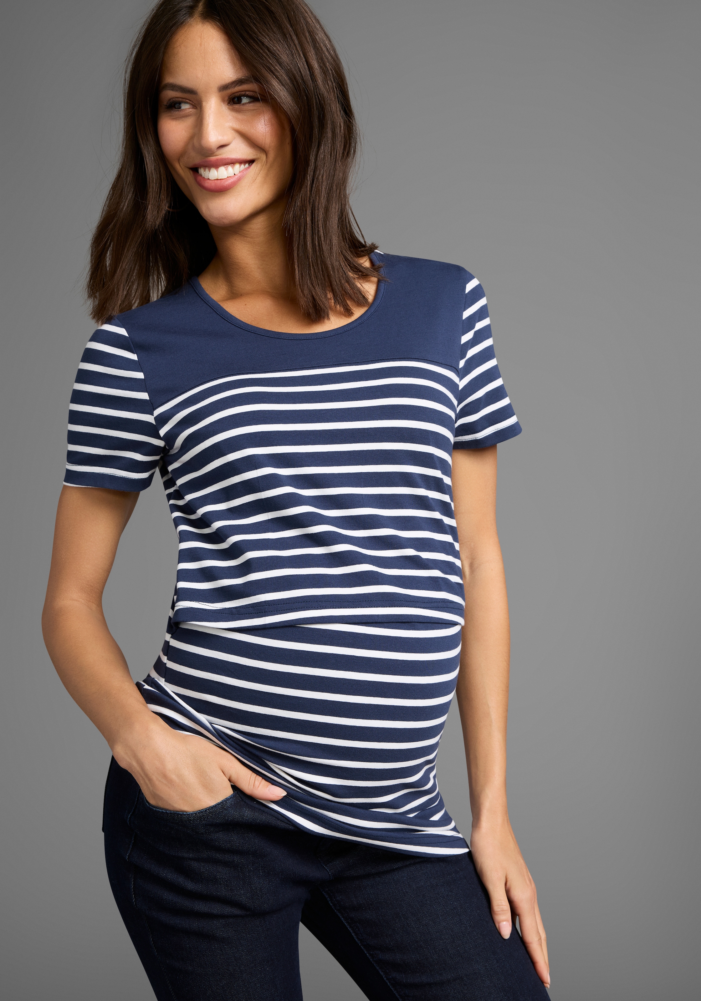 Neun Monate Umstandsshirt "Geringeltes Schwangerschafts- und Still-Shirt", für bequemes Stillen