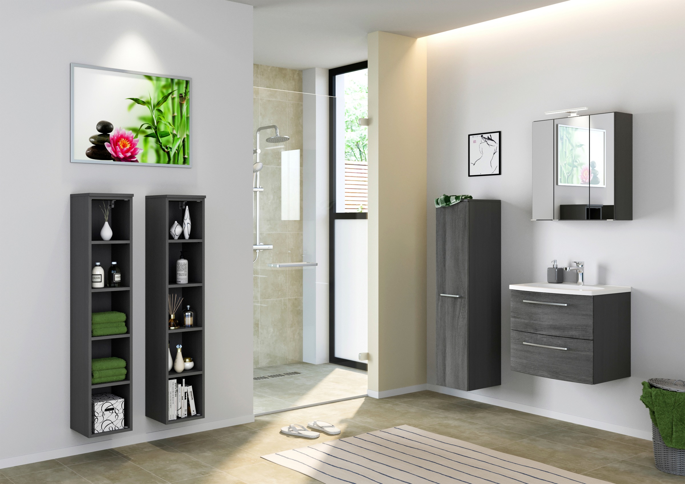 welltime Badmöbel-Set »Catania«, (3 St.), mit 3D-Spiegelschrank und gebogenes Mineralgussbecken