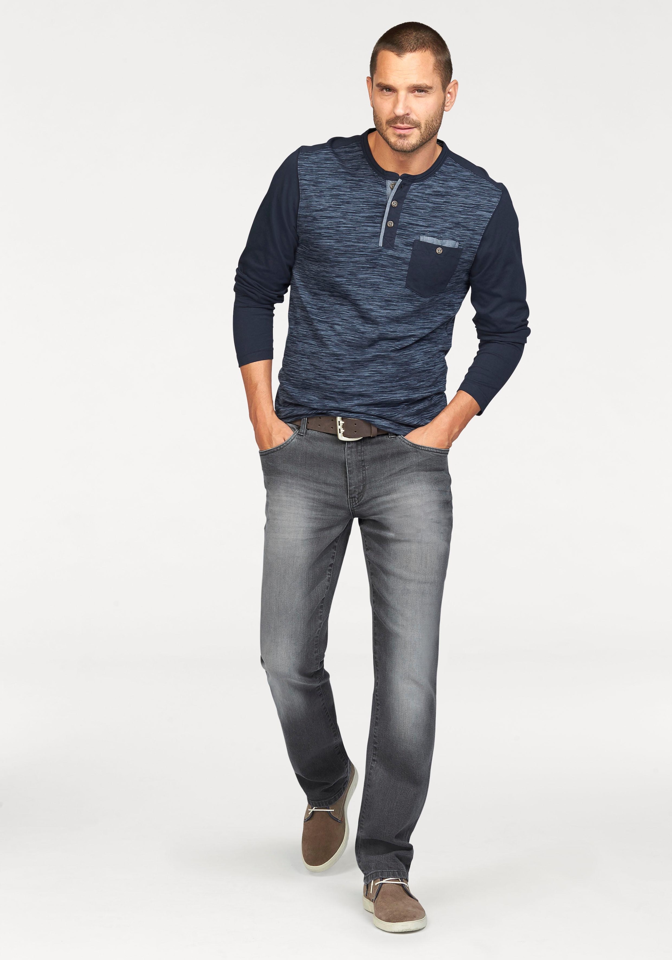 Arizona Longsleeve, Langarm, melierte Optik, Rundhalsausschnitt mit Knopfleiste