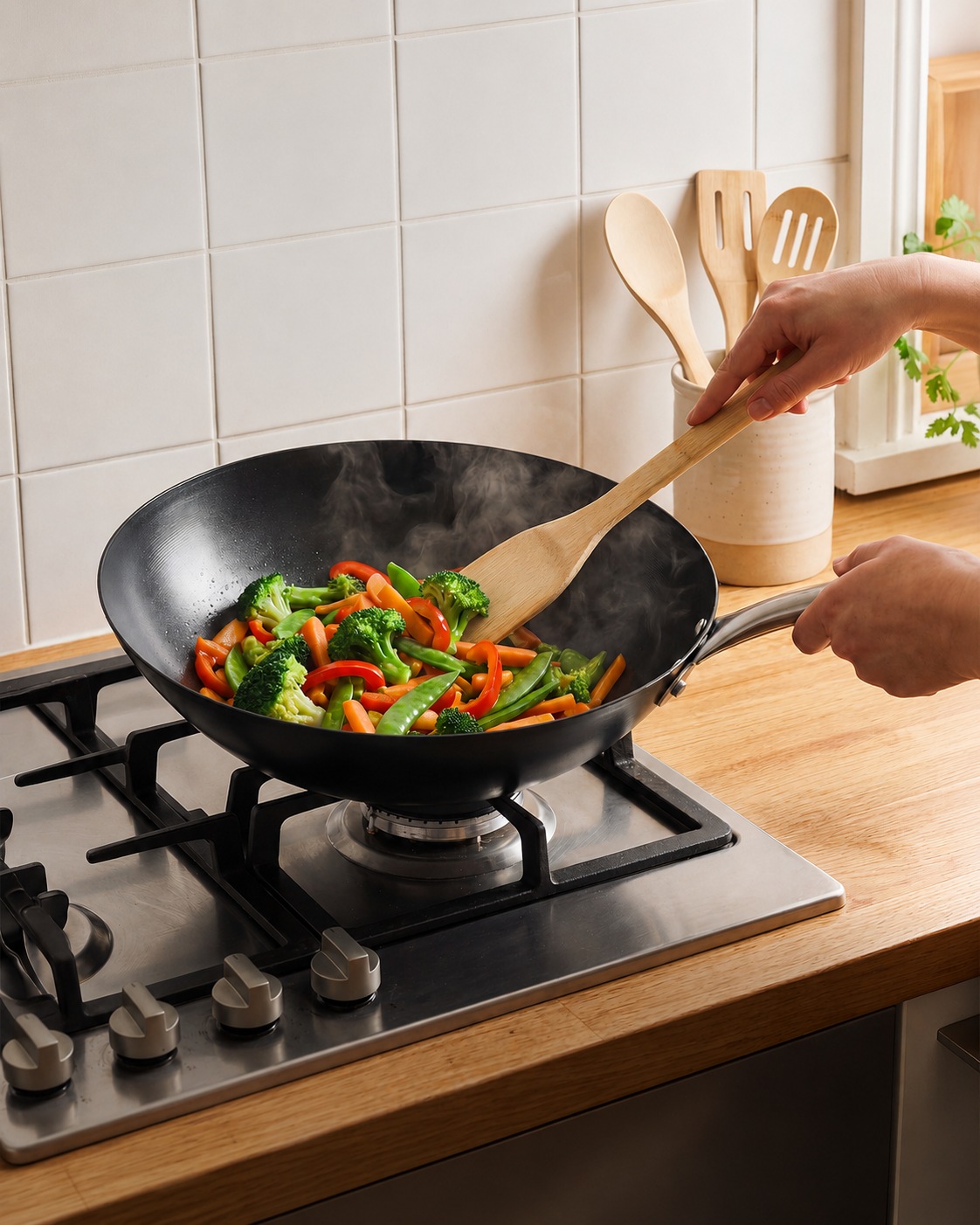 Cosy & Trendy Wok »Fusion Pro Wokpfanne Ø 30 cm« Karbon-Stahl Set, 5 tlg. Keramikbeschichtung und Bambusspateln, für alle Herdarten