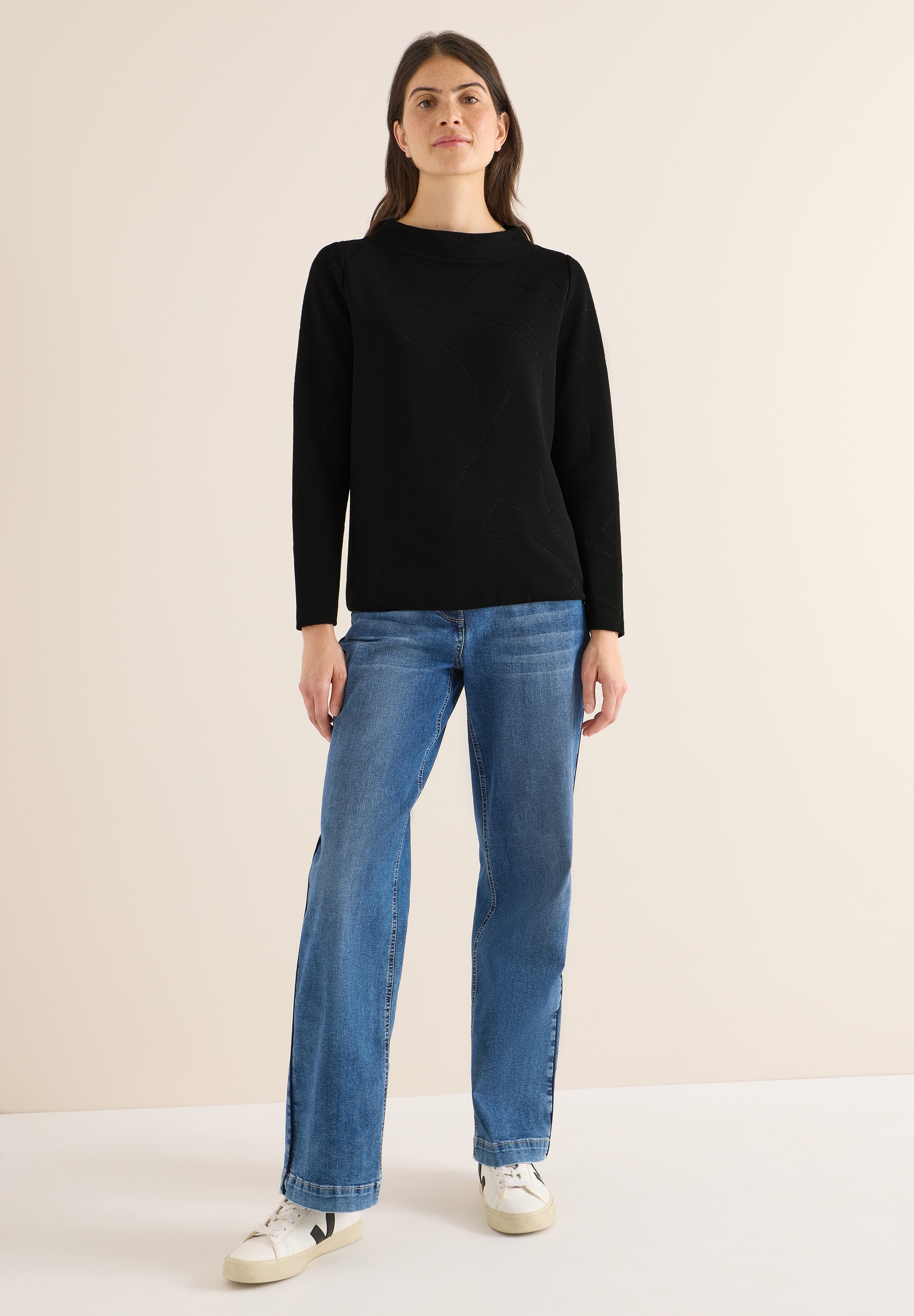 Langarmshirt CECIL, Damen, Gr. XS (36), schwarz, Stoff, 66% Polyester, 20% Viskose, 10% metallisierte Fasern, 4% Elasthan, unifarben, comfort fit normal, Rundhals, abgesteppt, Shirts Langarmshirt, aus softem Materialmix 3