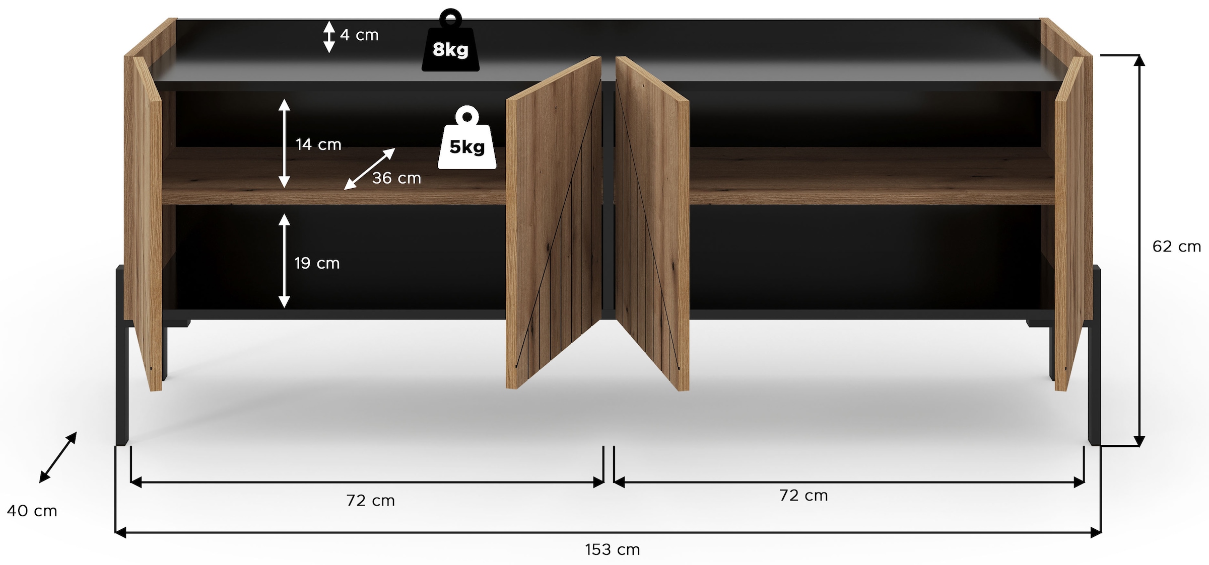 INOSIGN Lowboard »SNETT, Breite: 155cm, mit Metall-Stabfüßen, 4 Türen, 2 Einlegeböden«, TV-Lowboard, Mediaschrank, Mediaboard, TV-Schrank, Schrank, Board