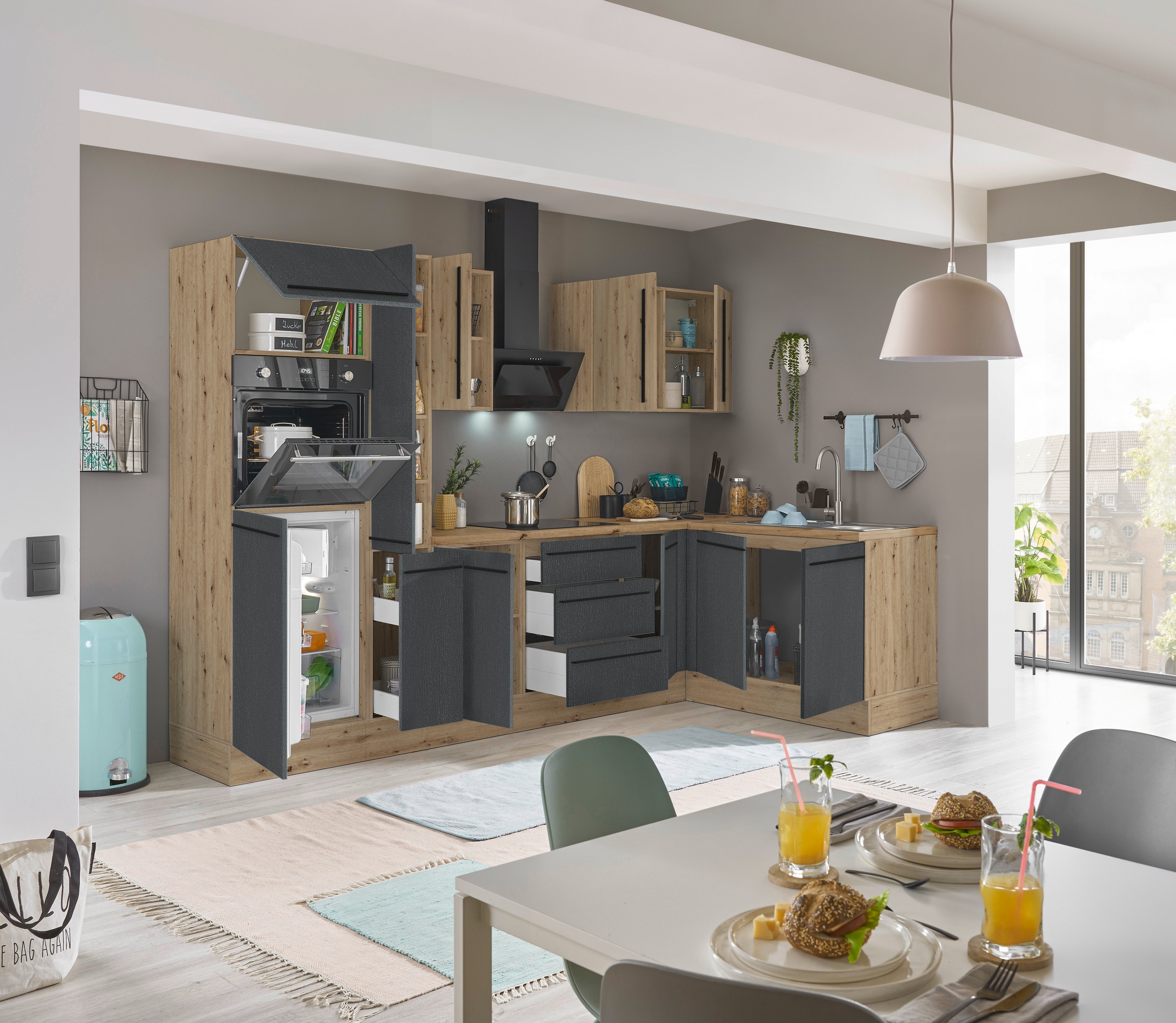 KOCHSTATION Winkelküche »Florida, Stellbreite 300x165 cm« wahlweise mit E-Geräten, mit Softclose für Türen und Schubkästen