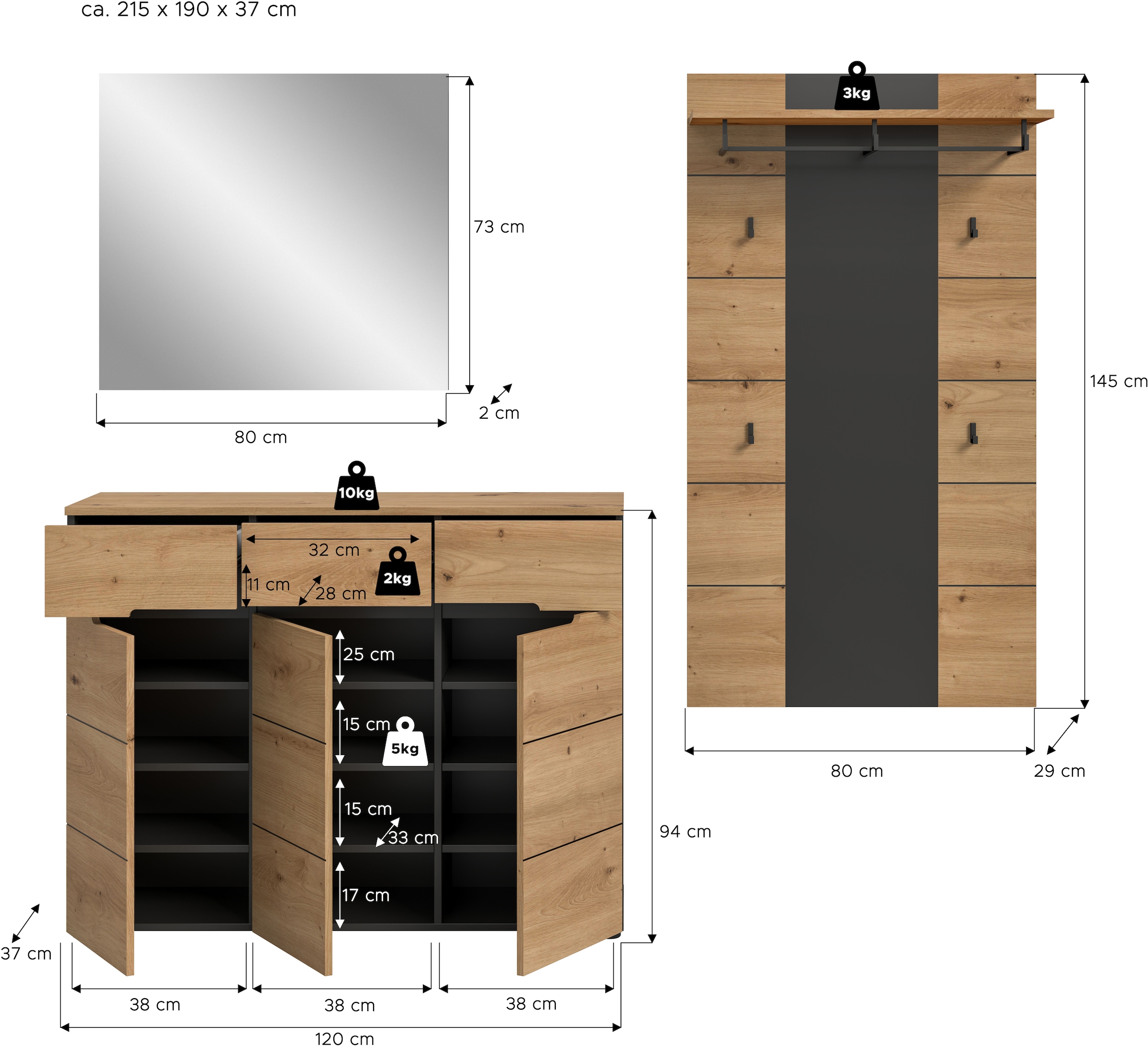 INOSIGN Garderoben-Set, (Set, 3 St., bestehend aus: Kommode, Spiegel und Garderobenpaneel), Garderobenkombination, Kombination, Set, Flurgarderobe, Diele
