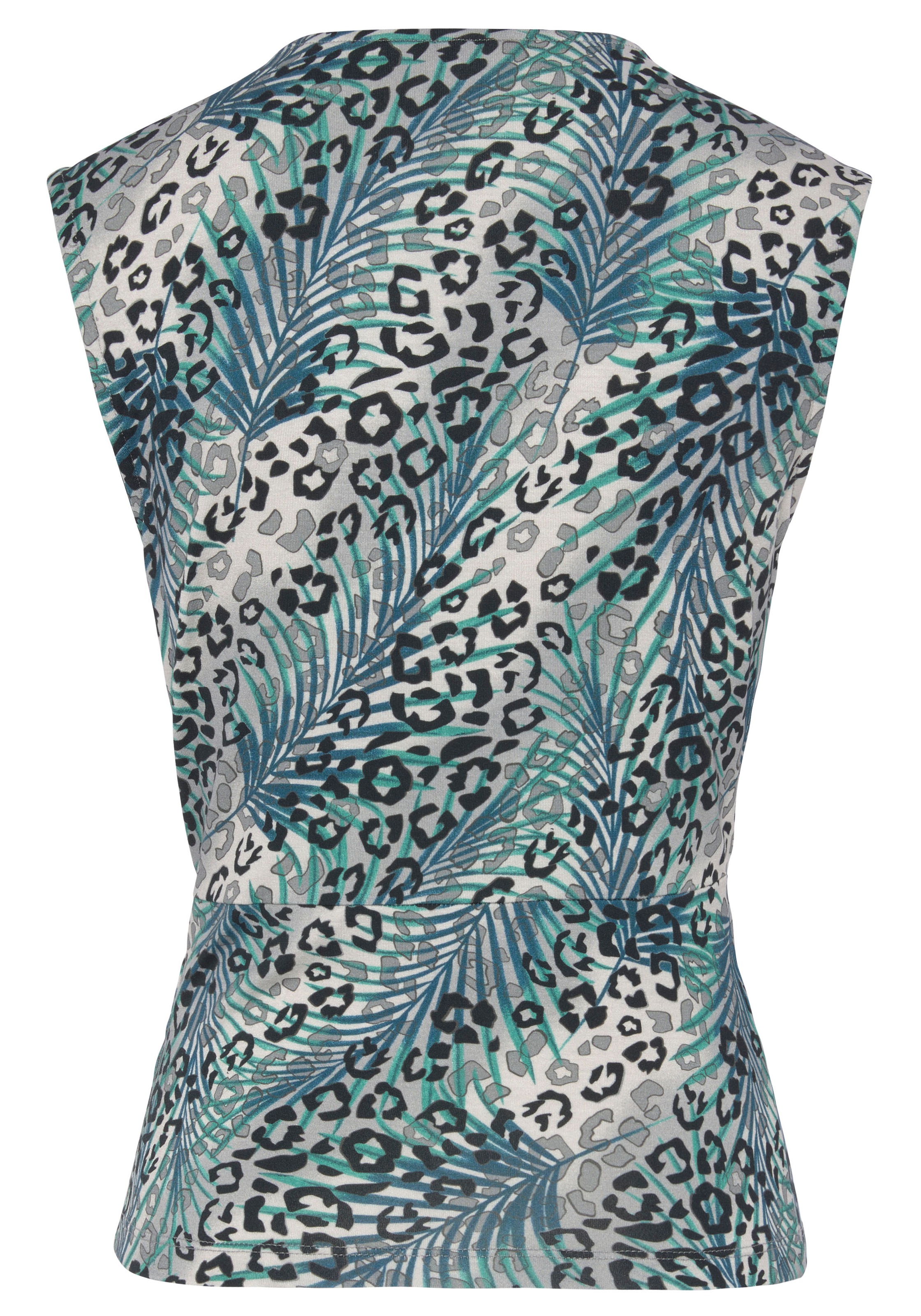 Shirttop LASCANA, Damen, Gr. 44/46, blau (grau, petrol bedruckt), Jersey, Obermaterial: 95% Viskose, 5% Elasthan, bedruckt, figurbetont hüftlang, V-Ausschnitt, Tops Shirttop, mit Raffungen an der Schulter, Blusentop mit Animalprint 3