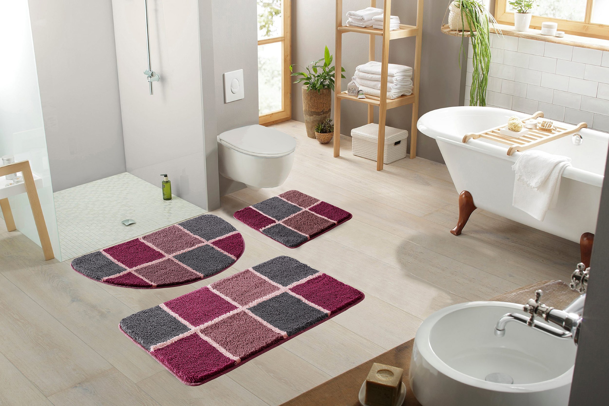 my home Badematte »Anna mit Kachelmuster, Badvorleger, Badezimmer Teppich, Duschvorleger«, rutschhemmend beschichtet, strapazierfähig, Badteppich, Hoch Tief Effekt, Modern, Weich