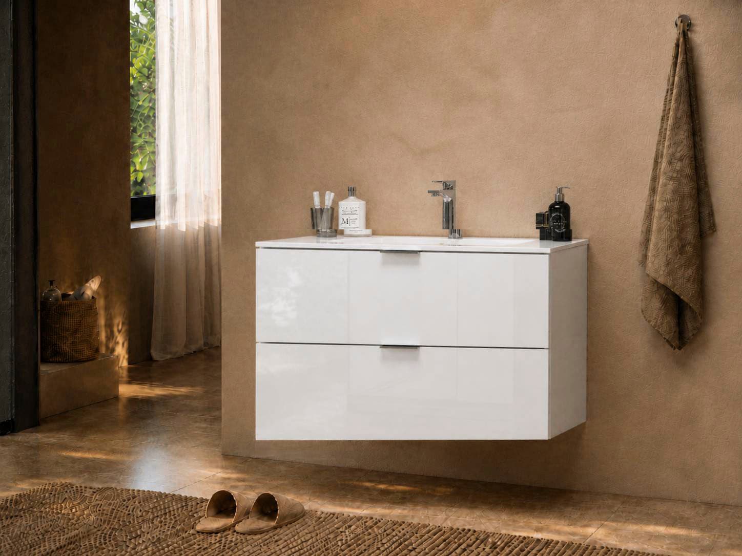 welltime Waschtisch »VELA, 82,3 cm breit, Hochglanz-Schubladen, Made in Italy« 1 Stk. tlg. Waschtischunterschrank, inkl. Waschbecken, schräge Design-Schublade