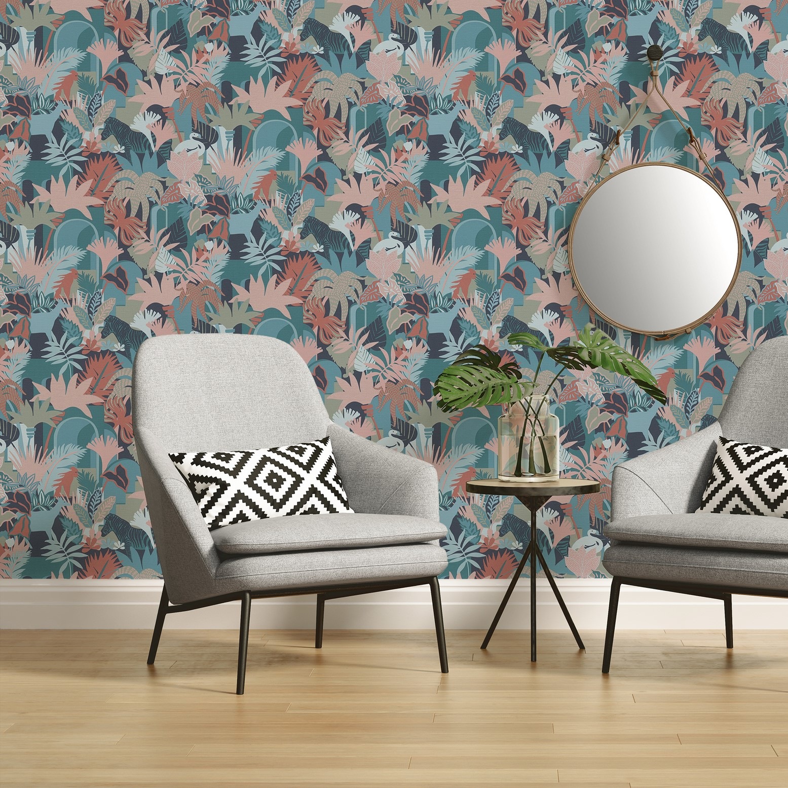 A.S. Création Vliestapete »Antigua Retrotapete Artdeco«, matt-gemustert-neutral, Dschungeltapete Floral mit Tieren Tapeten Wohnzimmer Schlafzimmer Flur