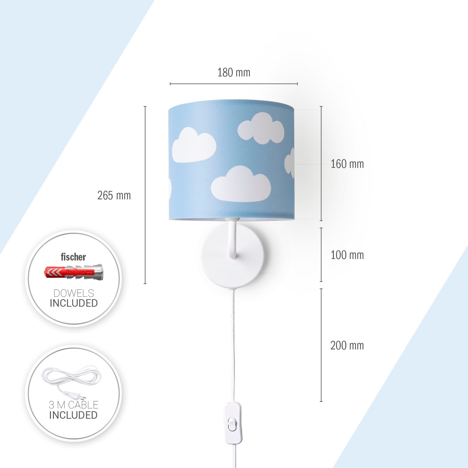 Wolken Paco Wandleuchte Kinderzimmer »Luca | Wandleuchte Home Mit Himmel Kind BAUR Cosmo«, Stecker Kinderlampe