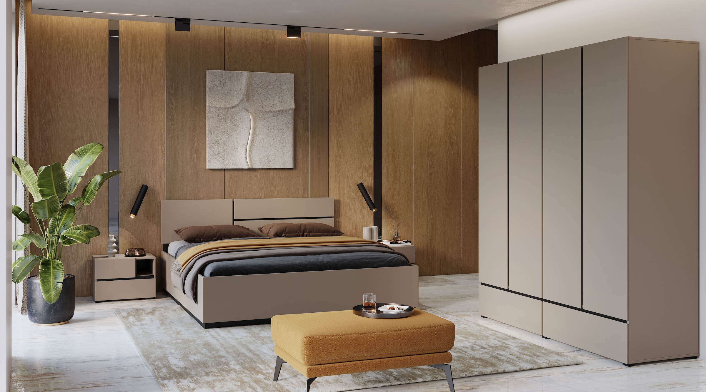 INOSIGN Schlafzimmer-Set »Cross, moderne, grifflose Optik, FSC-zertifiziert«, (4 tlg., Bett 180x200cm, 2 Nachtkommoden, Schrank 2-oder 4-türig), Komplettschlafzimmer-Set