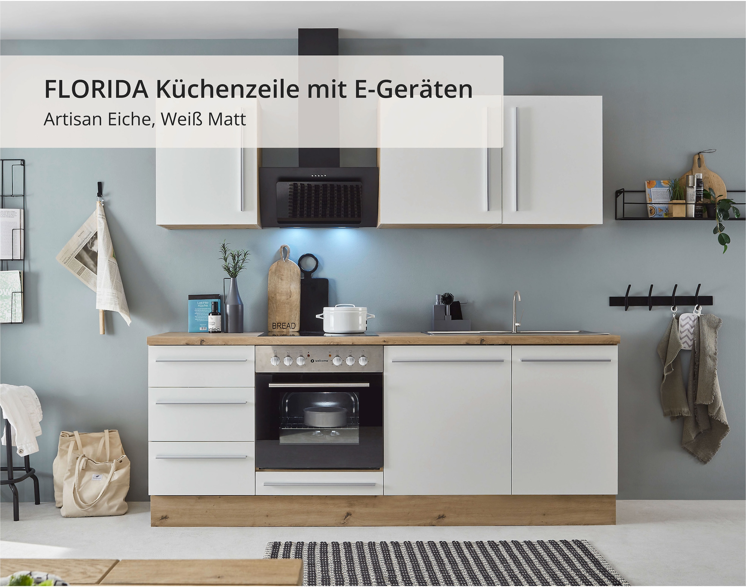 KOCHSTATION Küchenzeile »KS-Florida mit 38mm starker Arbeitsplatte«, Breite 220 cm, wahlweise mit E-Geräten, Soft-Close-Funktion