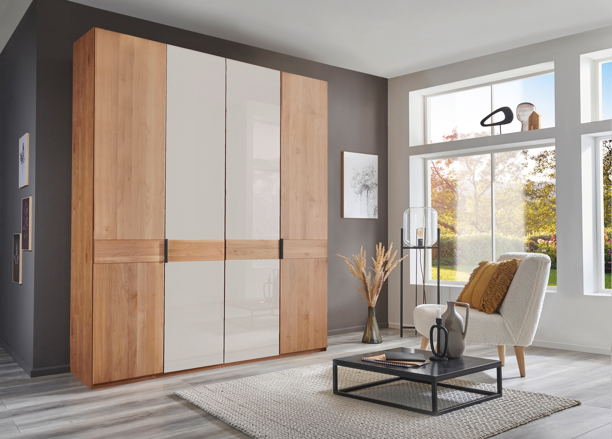 WIEMANN Kleiderschrank "Cardiff, Massivholztüren in Kombination mit Glas- oder Spiegeltüren" 4 Breiten, 2 Höhen 216/236cm auswählbar, hochwertiges Design in langlebiger Qualität, viel Stauraum