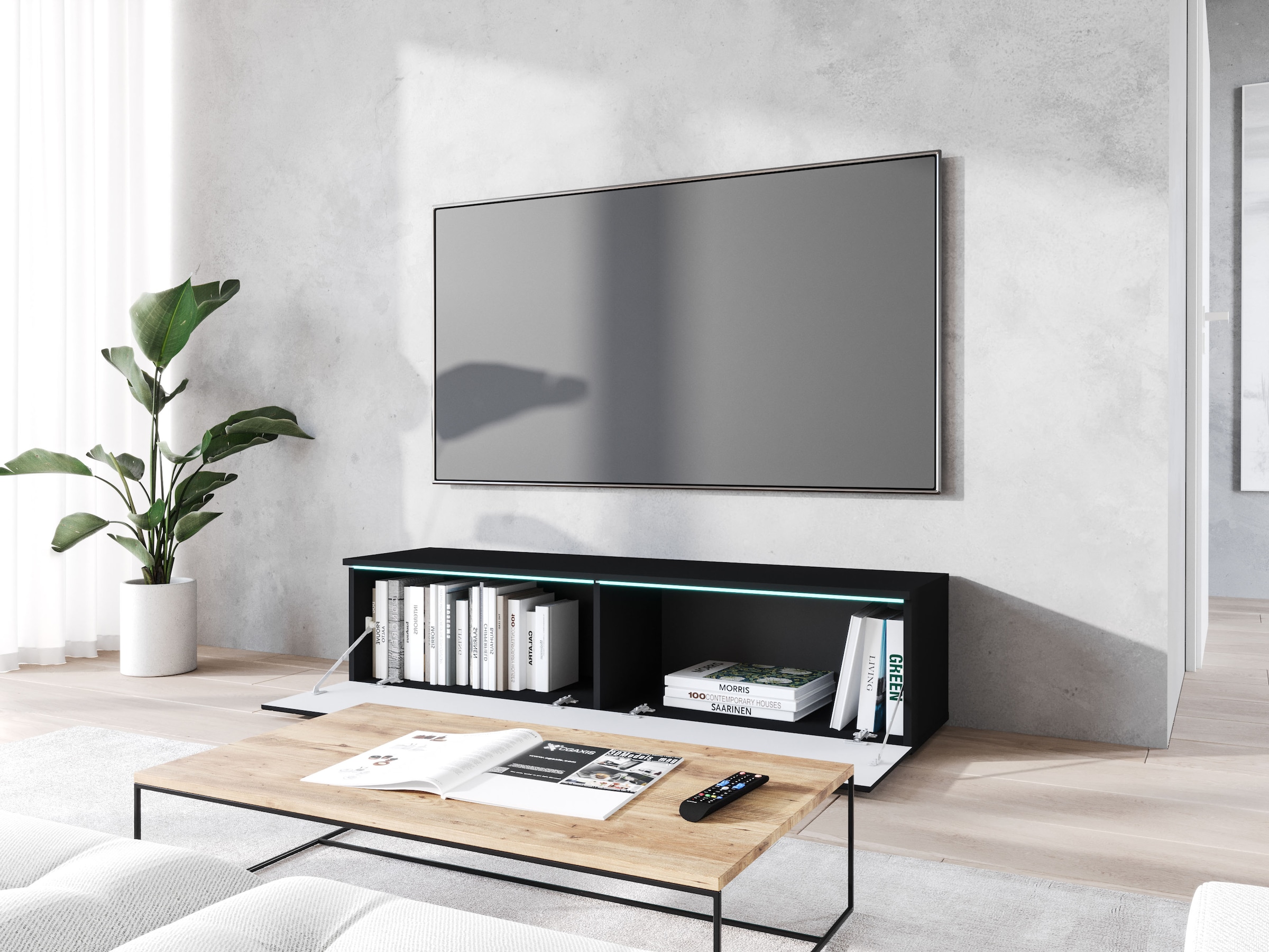 INOSIGN Lowboard »wahlweise mit oder ohne Beleuchtung«, (1 St.), 140 cm TV-Board ohne Griffe, mit viel Stauraum, stehend und hängend