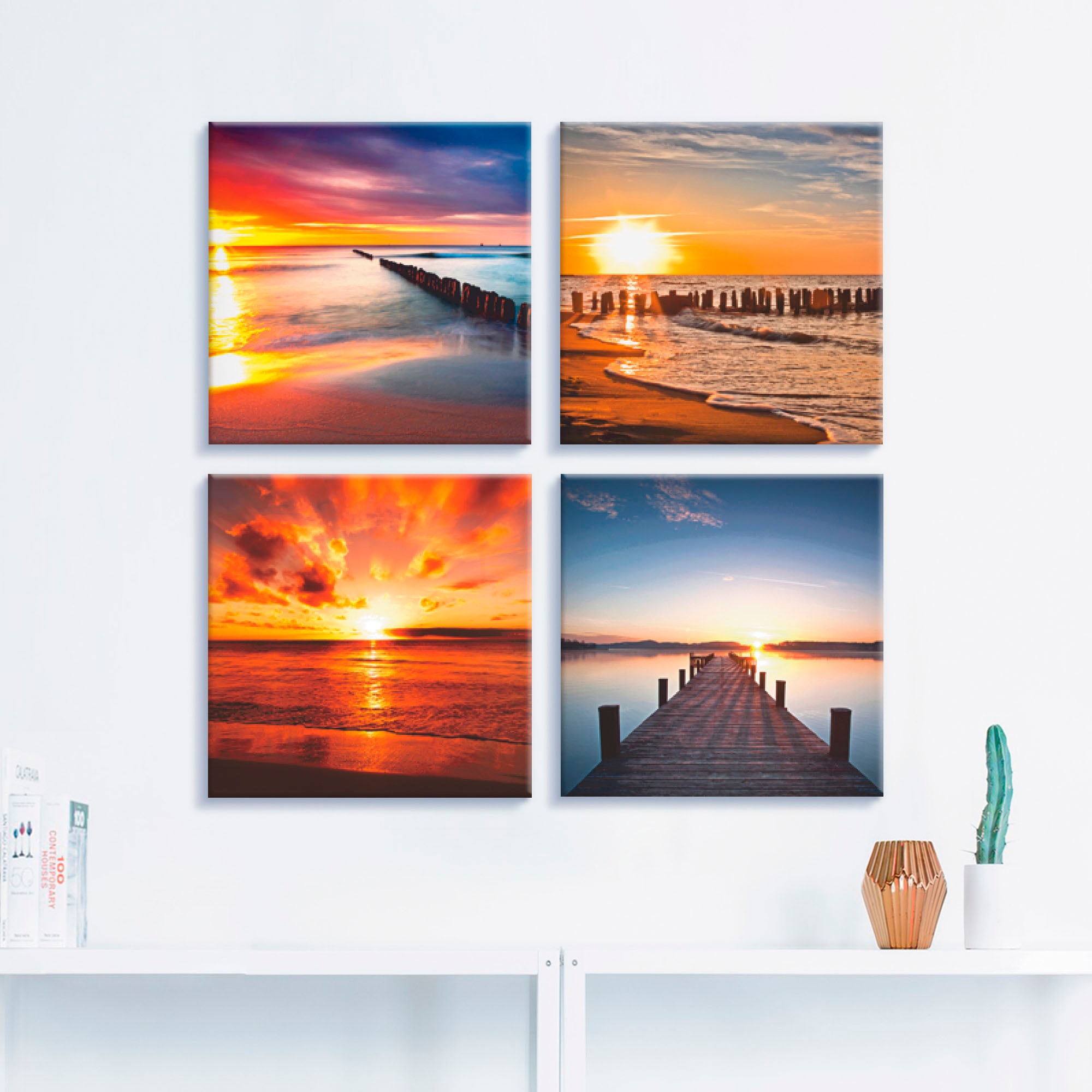 Artland Leinwandbild Größen BAUR (4 Sonnenuntergang«, »Ostsee Sonne St.), kaufen Set, | Strand Strand, 4er verschiedene