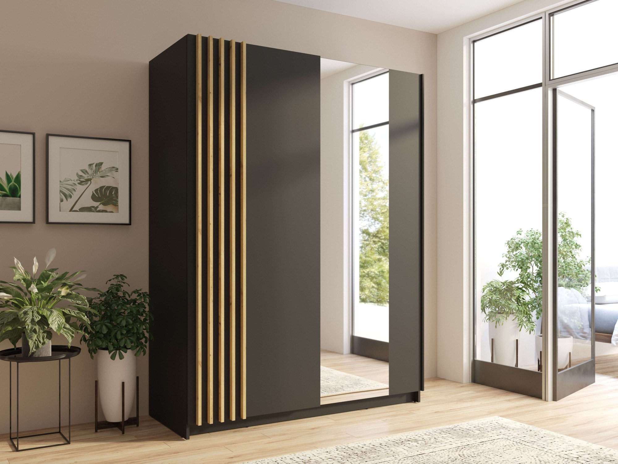 INOSIGN Kleiderschrank »Kleiderschrank Charisy mit Spiegel, 4 Einlegeböden und Kleiderstange«, Garderobe mit 2 Schwebetüren und Lamellen, B/H/T 150/198,5/62 cm