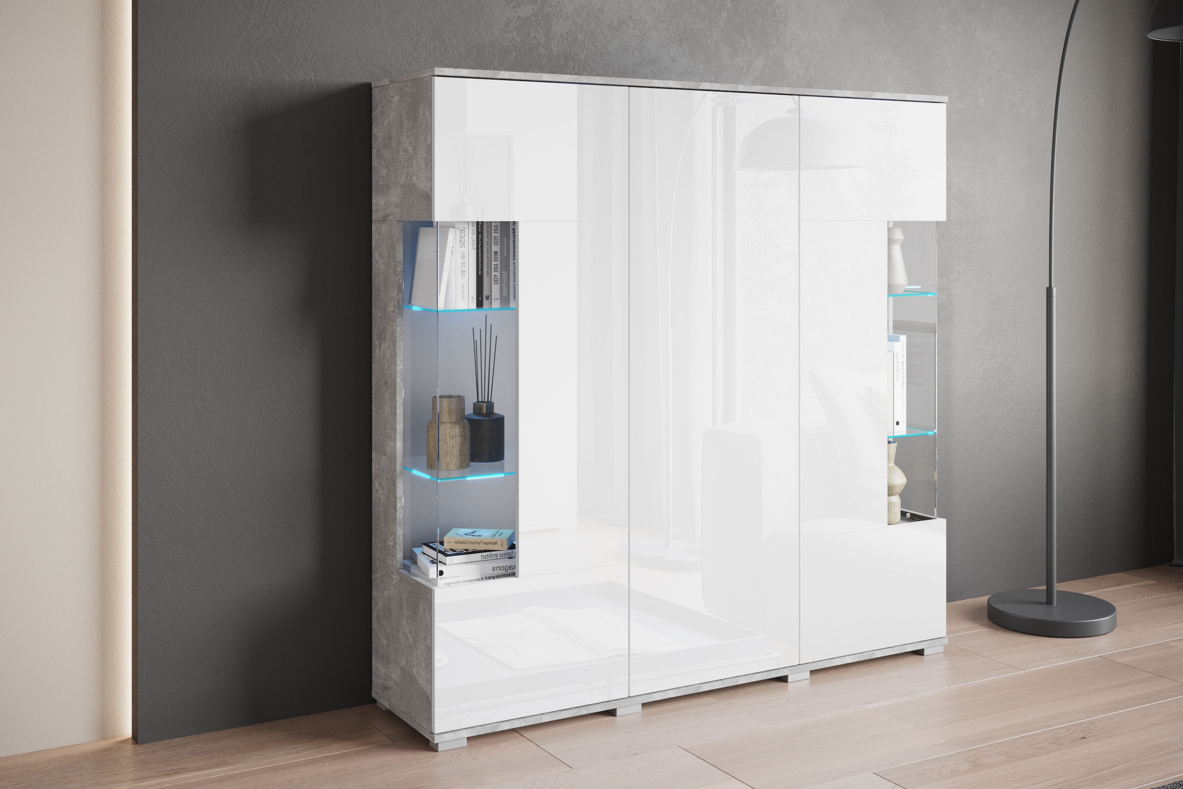 INOSIGN Highboard »Kenia«, (1 St.), Modernes Highboard, mit Glastüren, Breite 135 cm