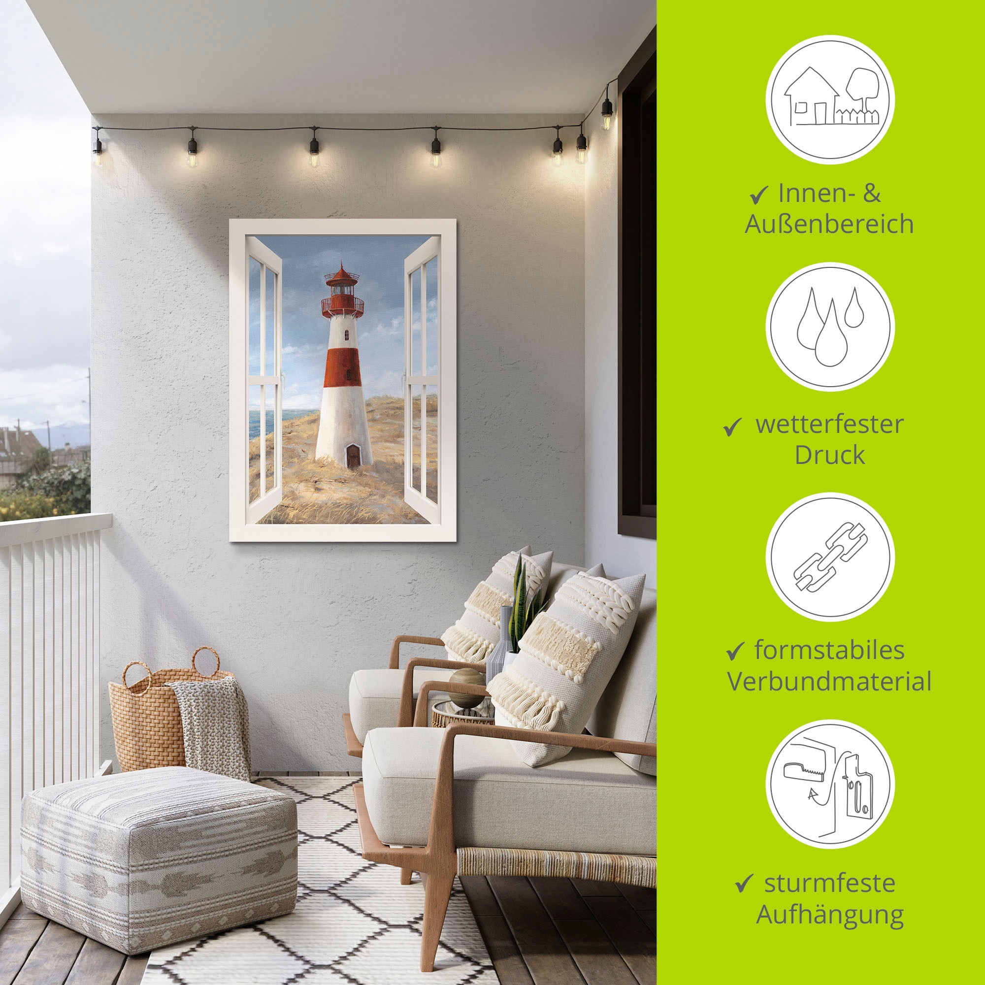 Artland Wandbild »Leuchtturm I Fensterblick«, Gebäude, (1 St.), als Alubild, Outdoorbild, Leinwandbild, Poster in verschied. Größen