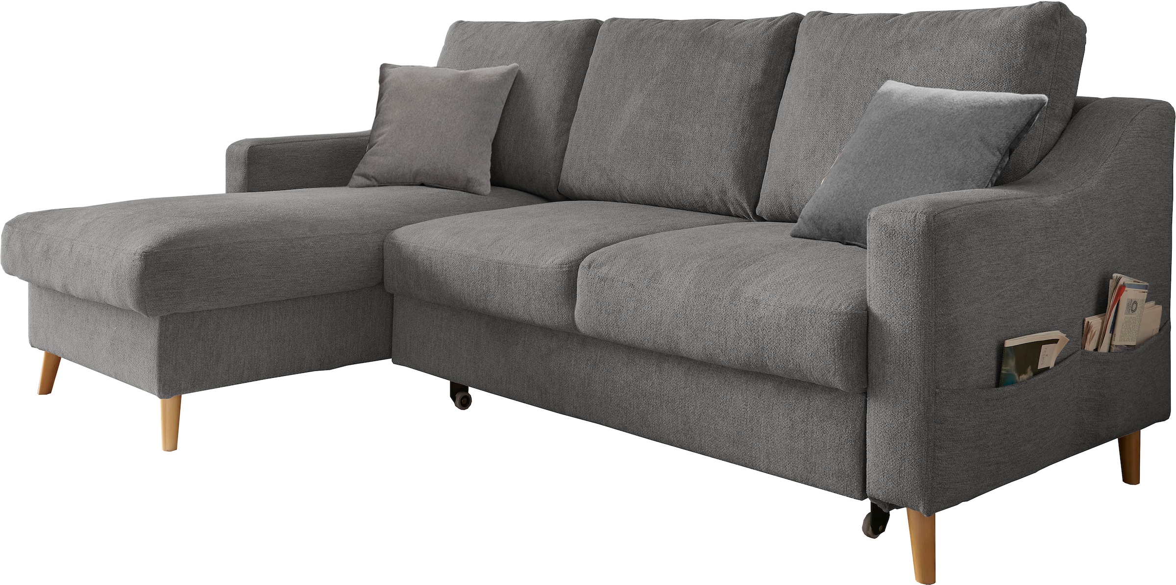 INOSIGN Ecksofa »Valentina L-Form«, 2 Zierkissen, mit Seitentasche, ausziehbarer Liegefläche, Bettkasten