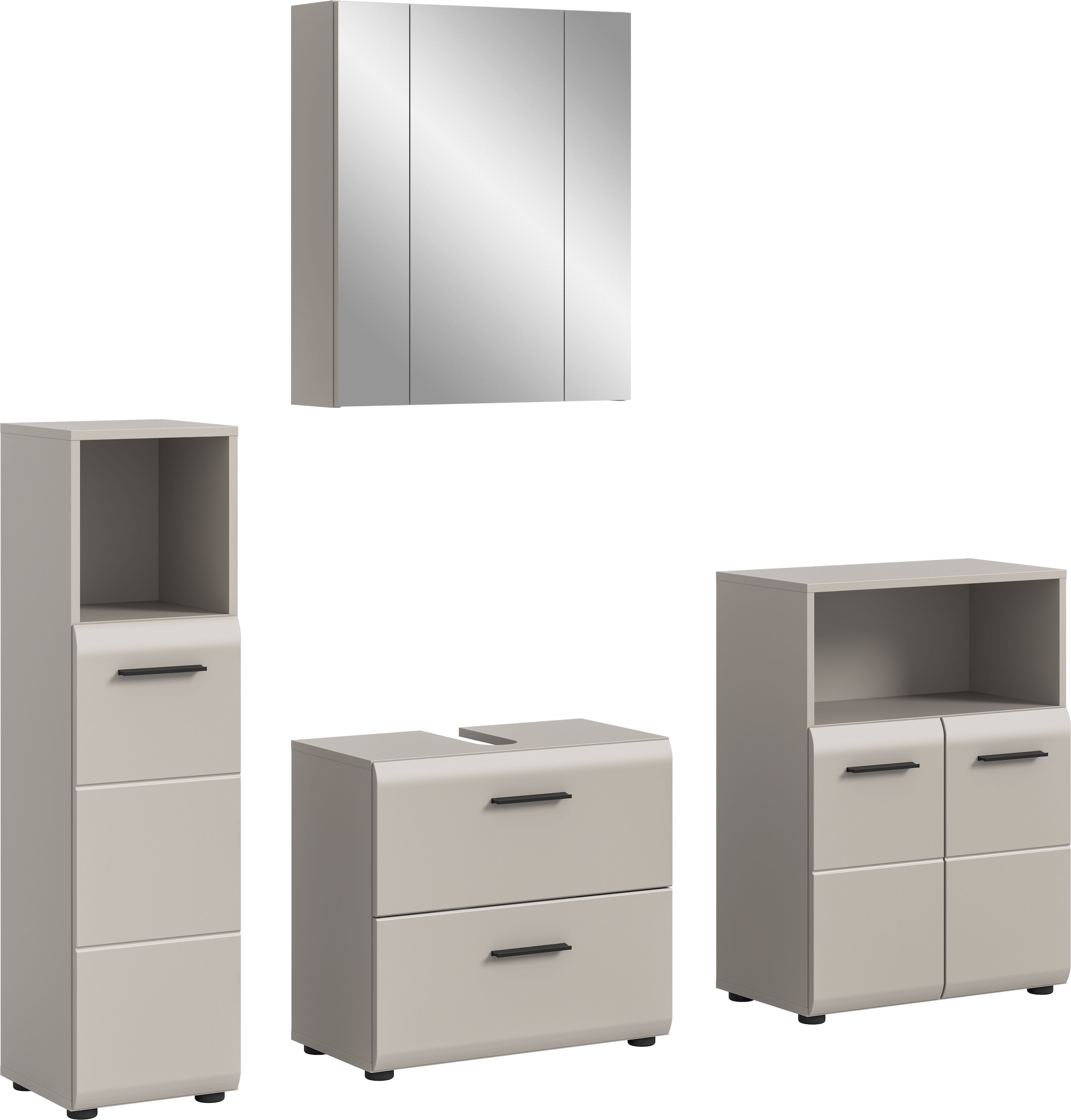 welltime Badmöbel-Set "FLORENZ, 4-teilige Badkombination, hochwertige MDF-Front" Set, Midischrank hoch, WBU, Spiegelschrank, Midischrank breit, 4 Stk. tlg.