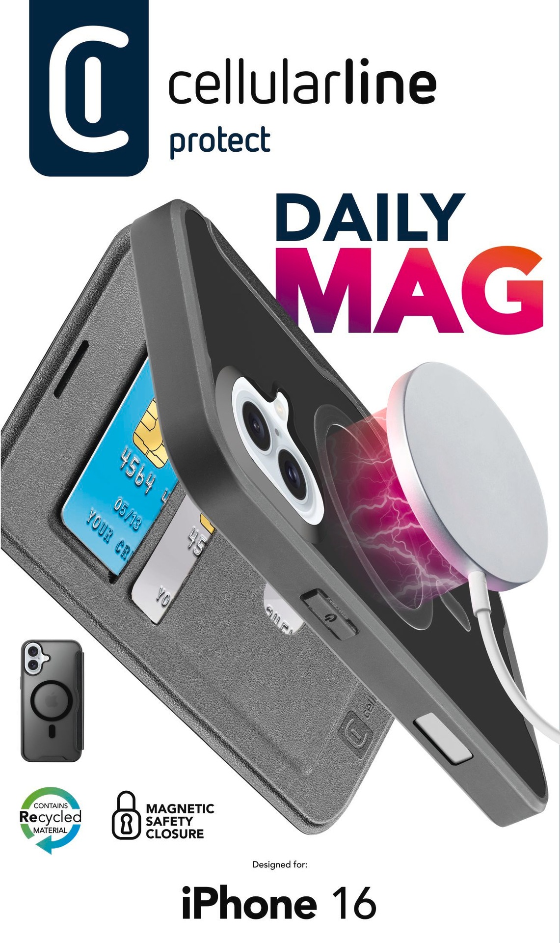 Cellularline Flip Case »Book Case Daily MAG für Apple iPhone 16«, Bookcover, Schutzhülle, Handyschutzhülle, Case, Schutzcase, stoßfest