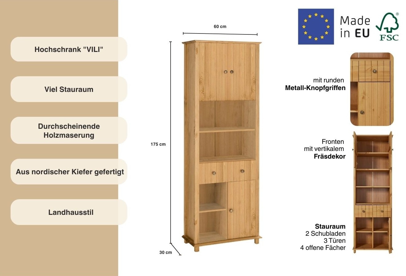 Home affaire Hochschrank »Vili«, Badezimmerschrank, Höhe 175 cm, 2 Schubladen, 3 Türen, aus Massivholz
