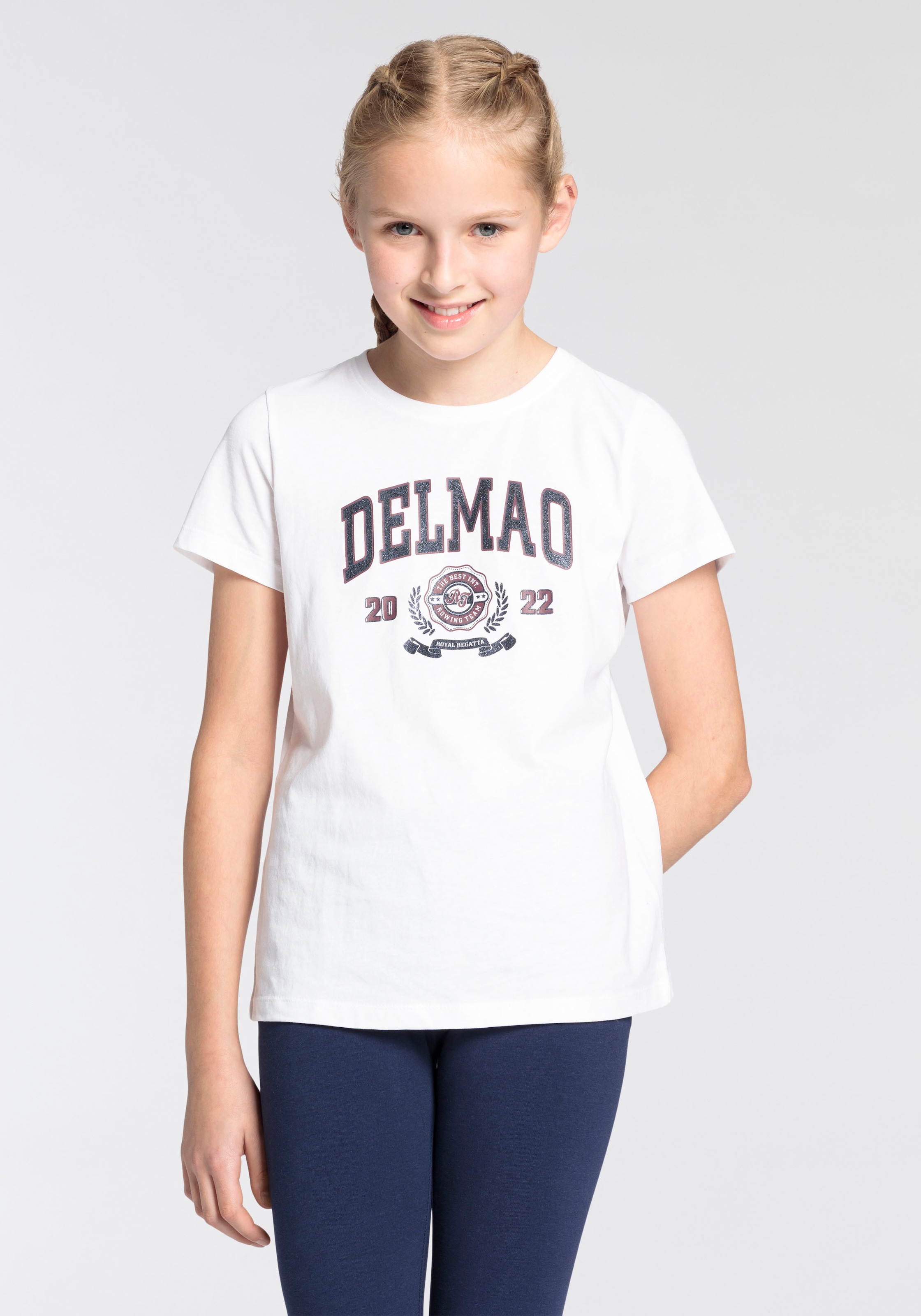 T-Shirt »für Mädchen«, mit großem Delmao-Glitzer-Print