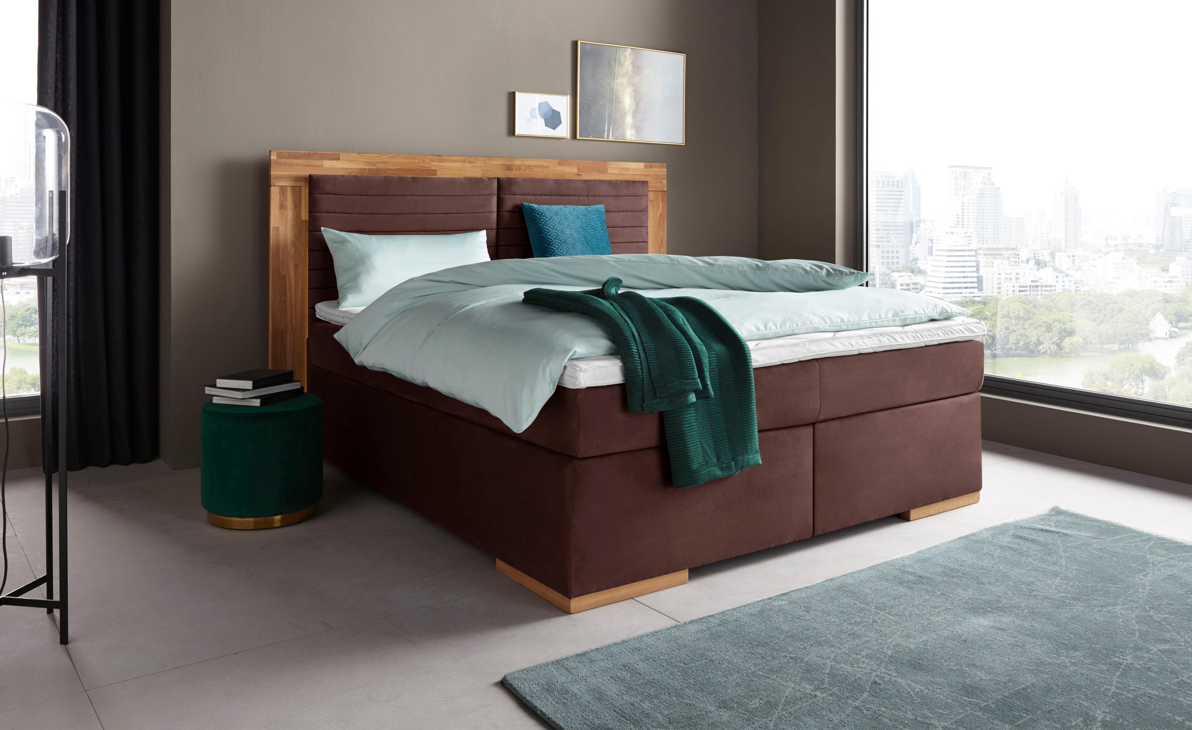 Boxspringbett HOME AFFAIRE "Cup", braun, B:210cm L:206cm, Bezug: Luxus-Microfaser (100% Polyester);Bezug: Microfaser (100% Polyester), Komplettbetten, Boxspringbett, mit Massivholzrahmen, mit Topper, in 2 Härtegraden, in 3 Breiten 7
