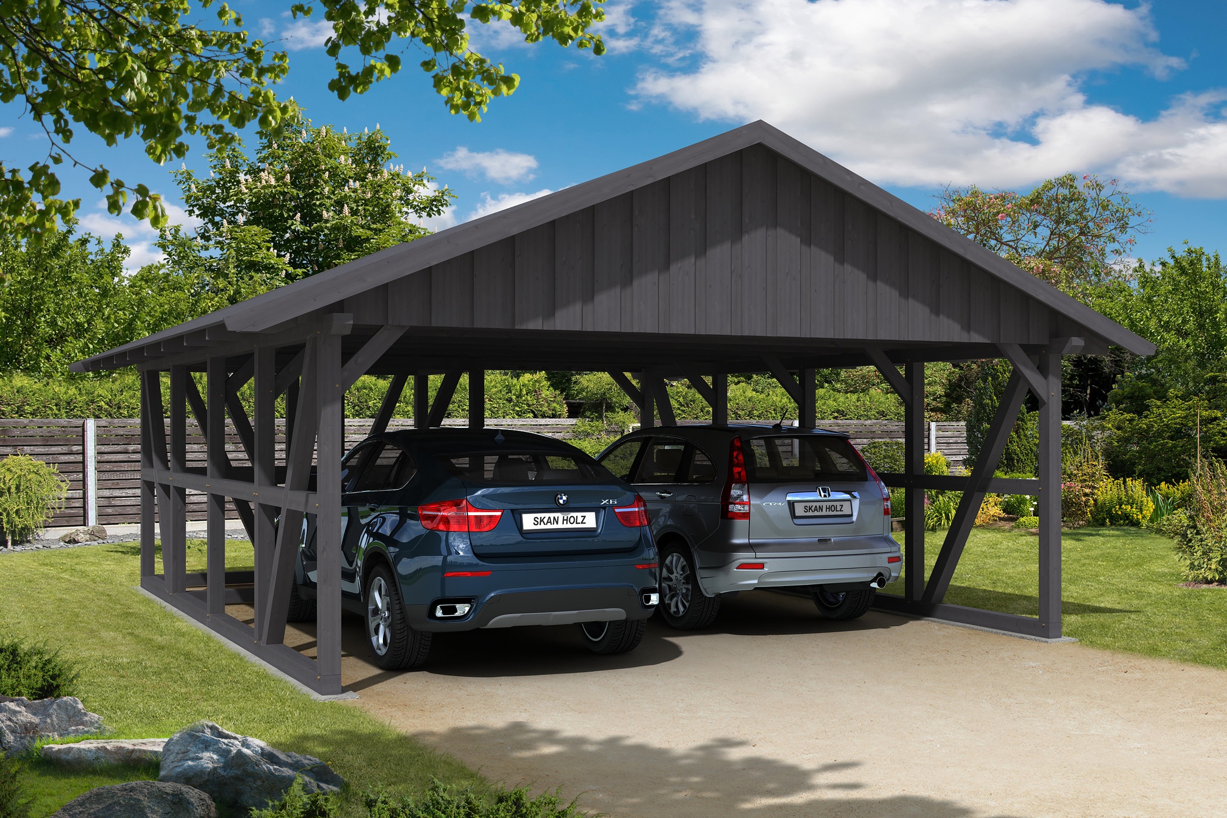 Skanholz Doppelcarport »Schwarzwald«, 560 cm, Schiefergrau, mit Abstellraum 1, mit Dachschalung