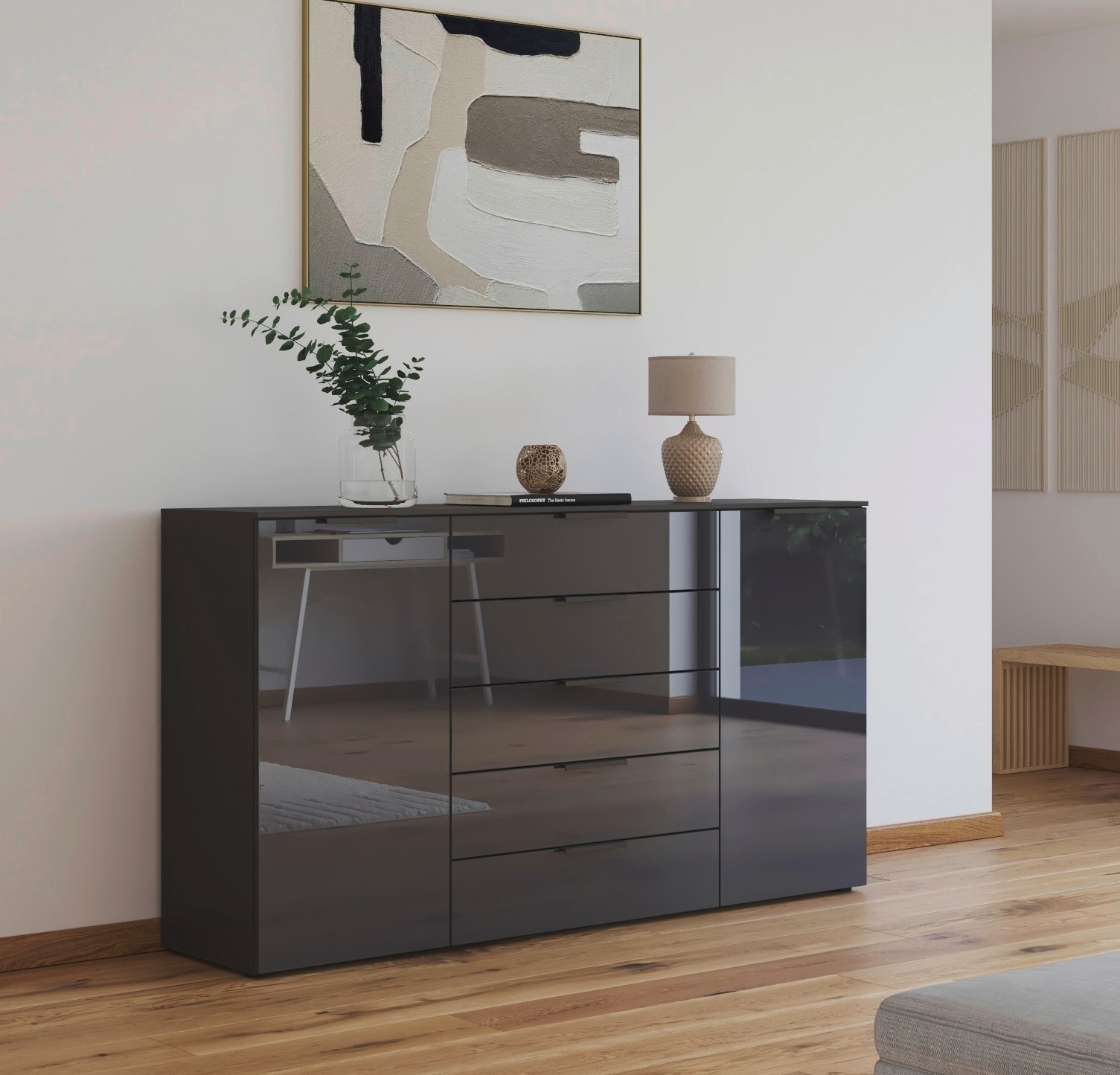 rauch Schubkastenkommode »Kommode Türkommode Sideboard Kombikommode FLIPP mit Glasfront«, (Breite 160/180 cm mit 4 Einlegeböden), 2-trg mit 5 Schubladen und Soft-Close, 2 Breiten MADE IN GERMANY