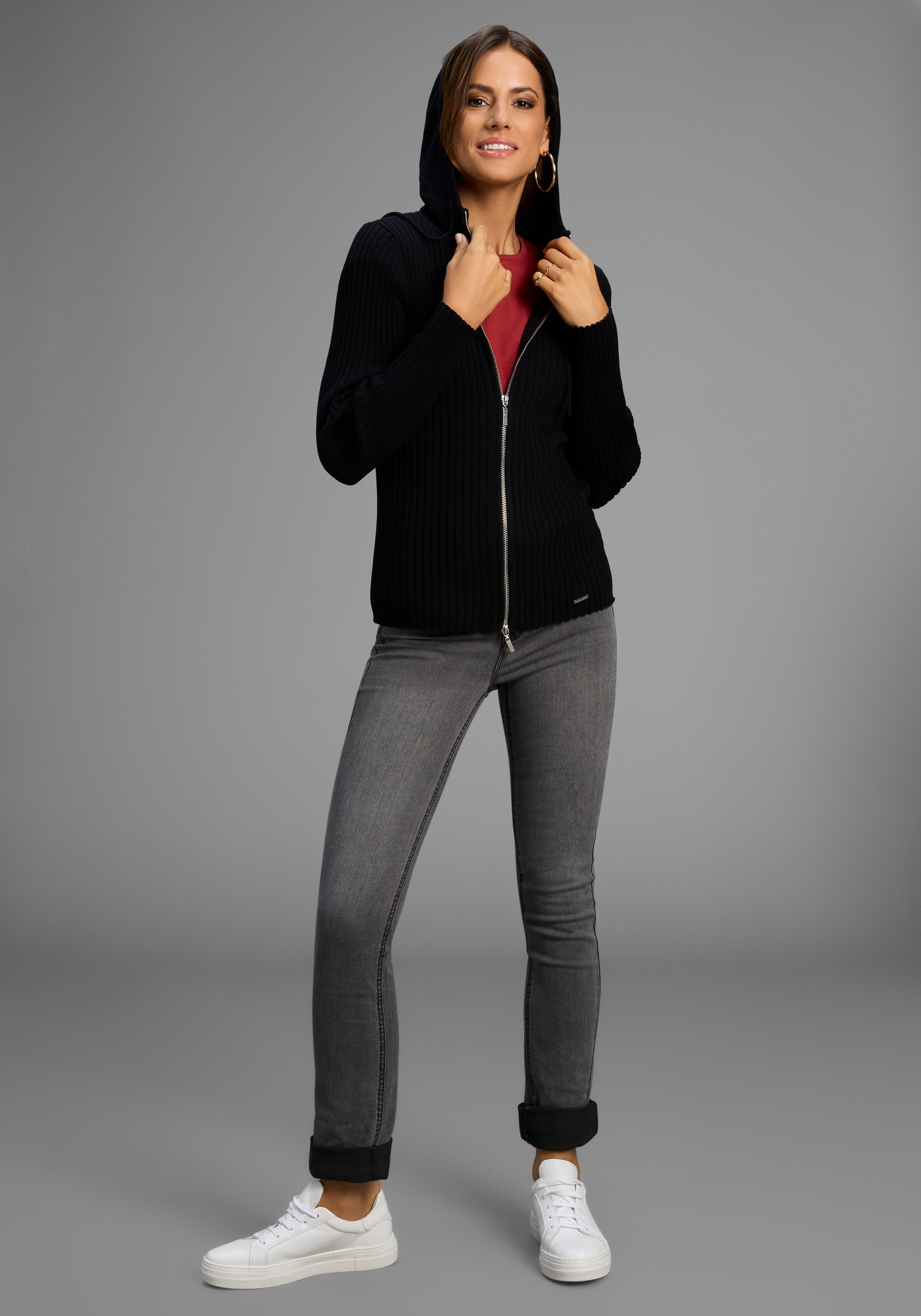 Laura Scott Kapuzenstrickjacke, mit 2-Wege-Reißverschluss aus Rippe - NEUE KOLLEKTION