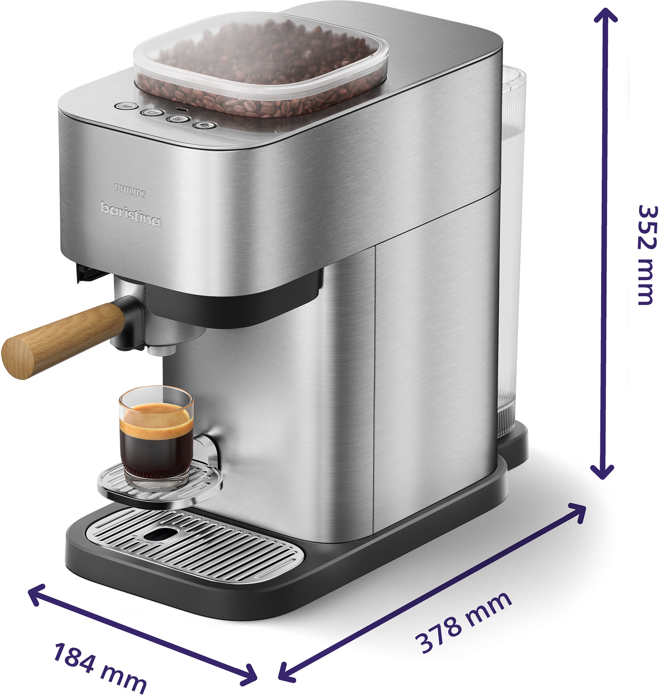 PHILIPS baristina Espressomaschine »Plus in Edelstahl BAR500/00 mit Mahlwerk für ganze Bohnen« Iced Coffee Funktion, 16 bar Pumpendruck, Edelstahl/Eschenholz
